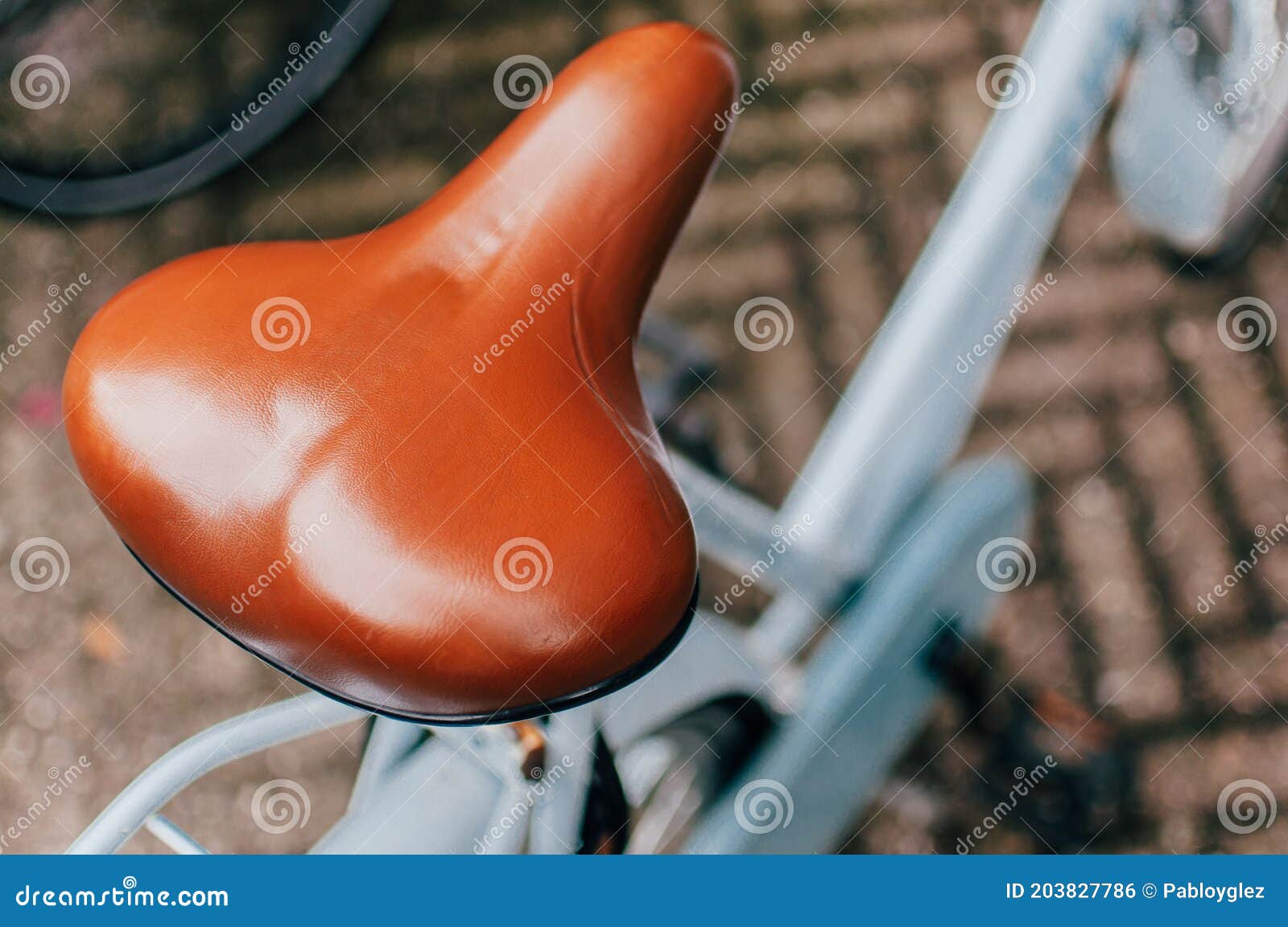 Bike Saddle Made of Brown Leather in a Blue Bike Stock Photo Image of