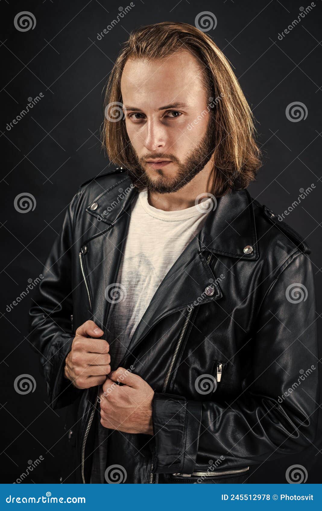 Biker. Bearded Rocker in Leather Jacket. Man with Long Hair. Rock Style  Fashion Stock Photo - Image of stylish, moustache: 245512978