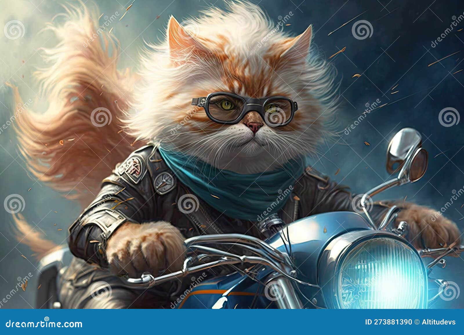 biker cat riding motorcycle with the wind in her fur