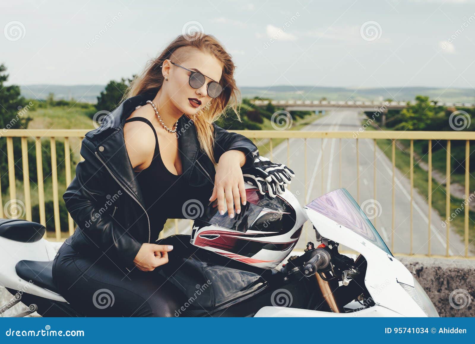 Biker Girl in a Leather Clothes on a Motorcycle Stock Photo - Image of ...