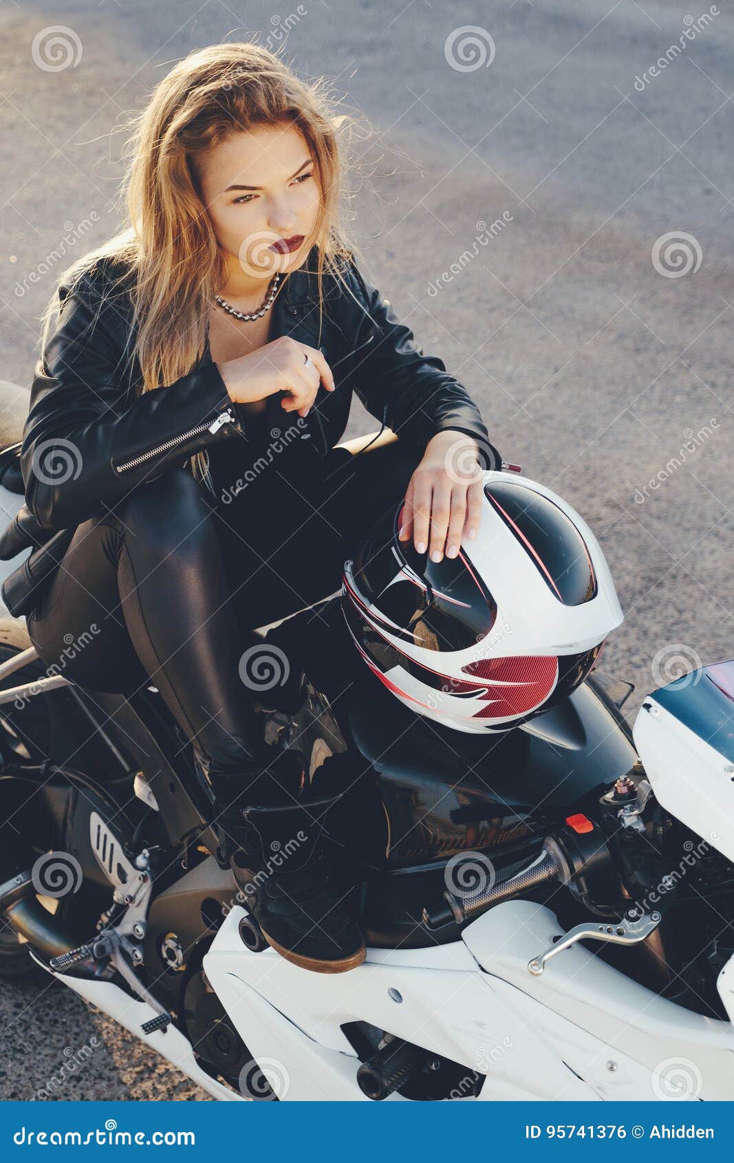 Biker Girl in a Leather Clothes on a Motorcycle Stock Photo - Image of ...