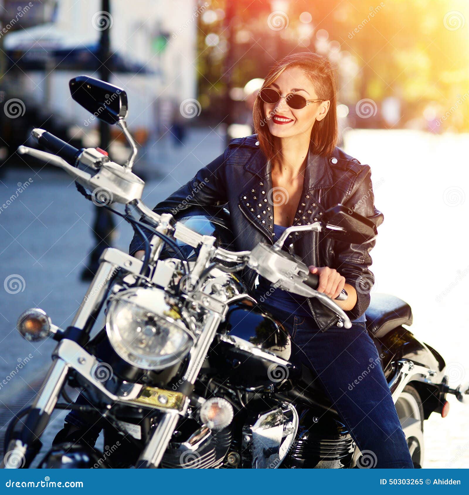 Biker Girl in a Leather Jacket on a Motorcycle Stock Image Image of