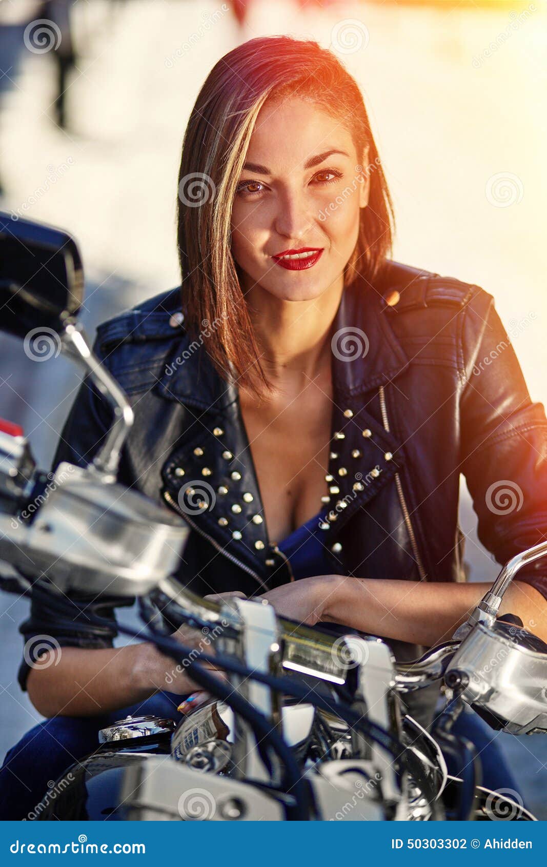Biker Girl in a Leather Jacket on a Motorcycle Stock Photo Image of