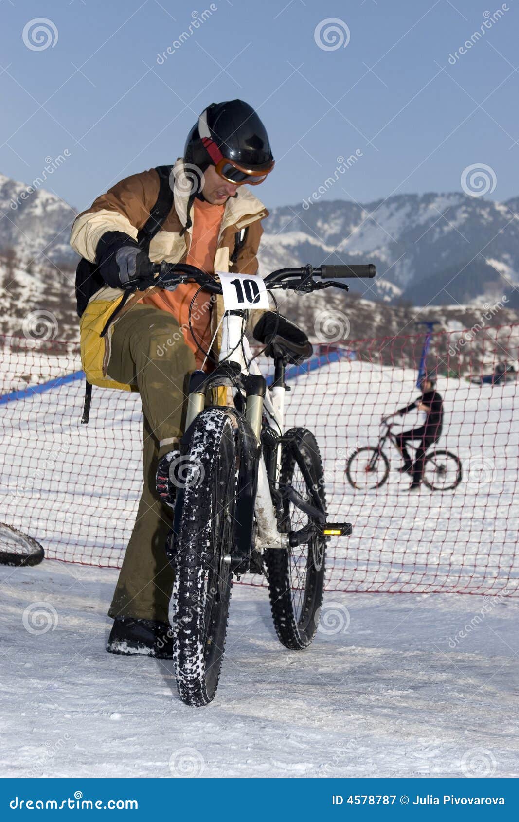 Biker in Helmet in Winter Mountains Stock Image Image of cycling