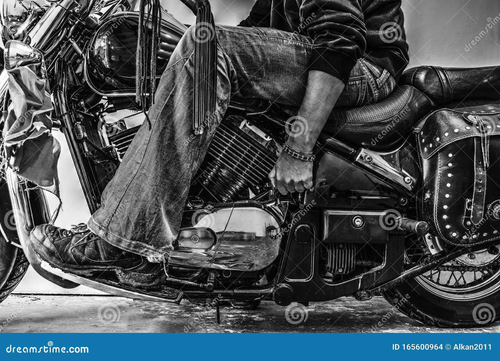 Biker Starting a Motorcycle in Black and White Stock Photo - Image of ...