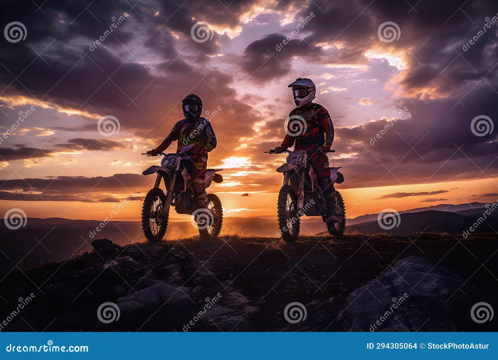 bikers with their motocross bikes looking at atardecer