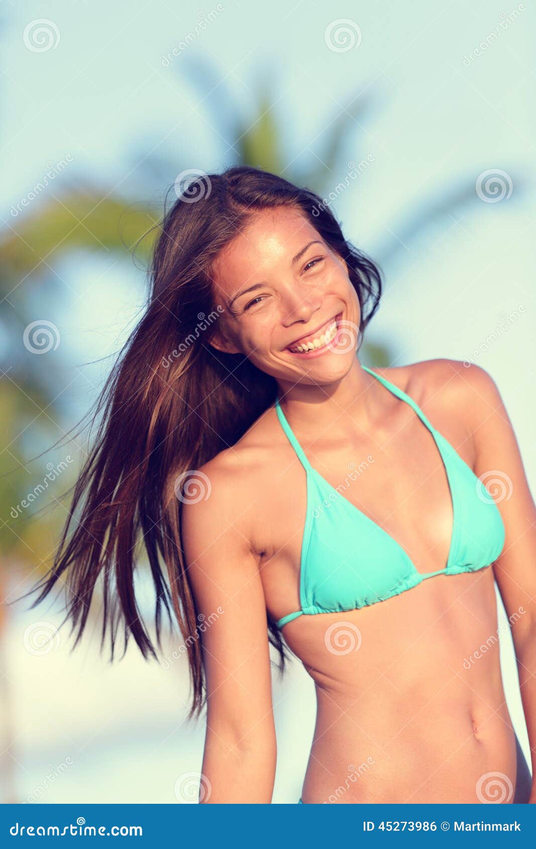 Bikini Beach Woman Happy Smiling Stock Photo