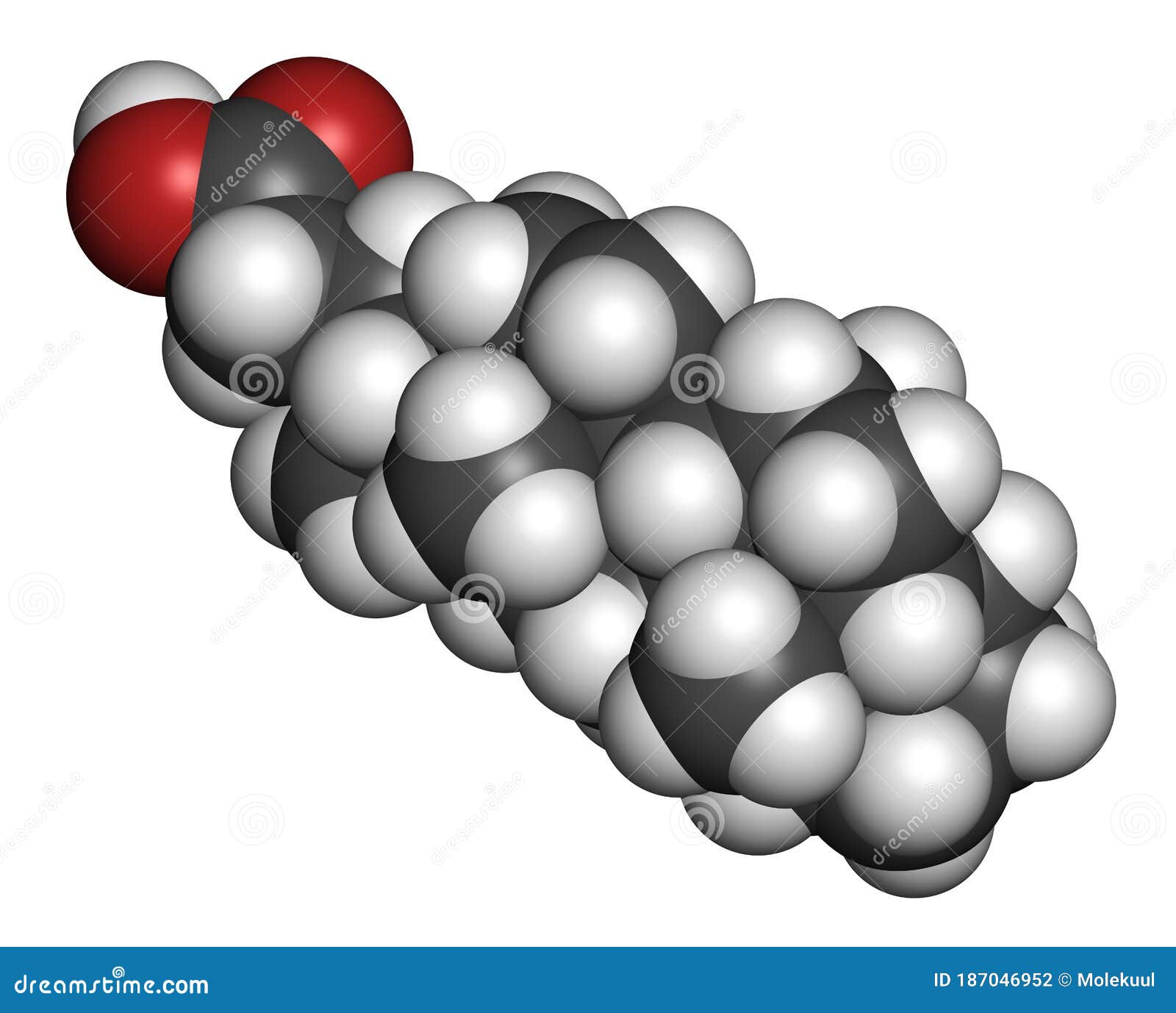 bile acid (cholic acid, cholate) molecule. cholic acid is the main bile acid in humans. atoms are represented as spheres with