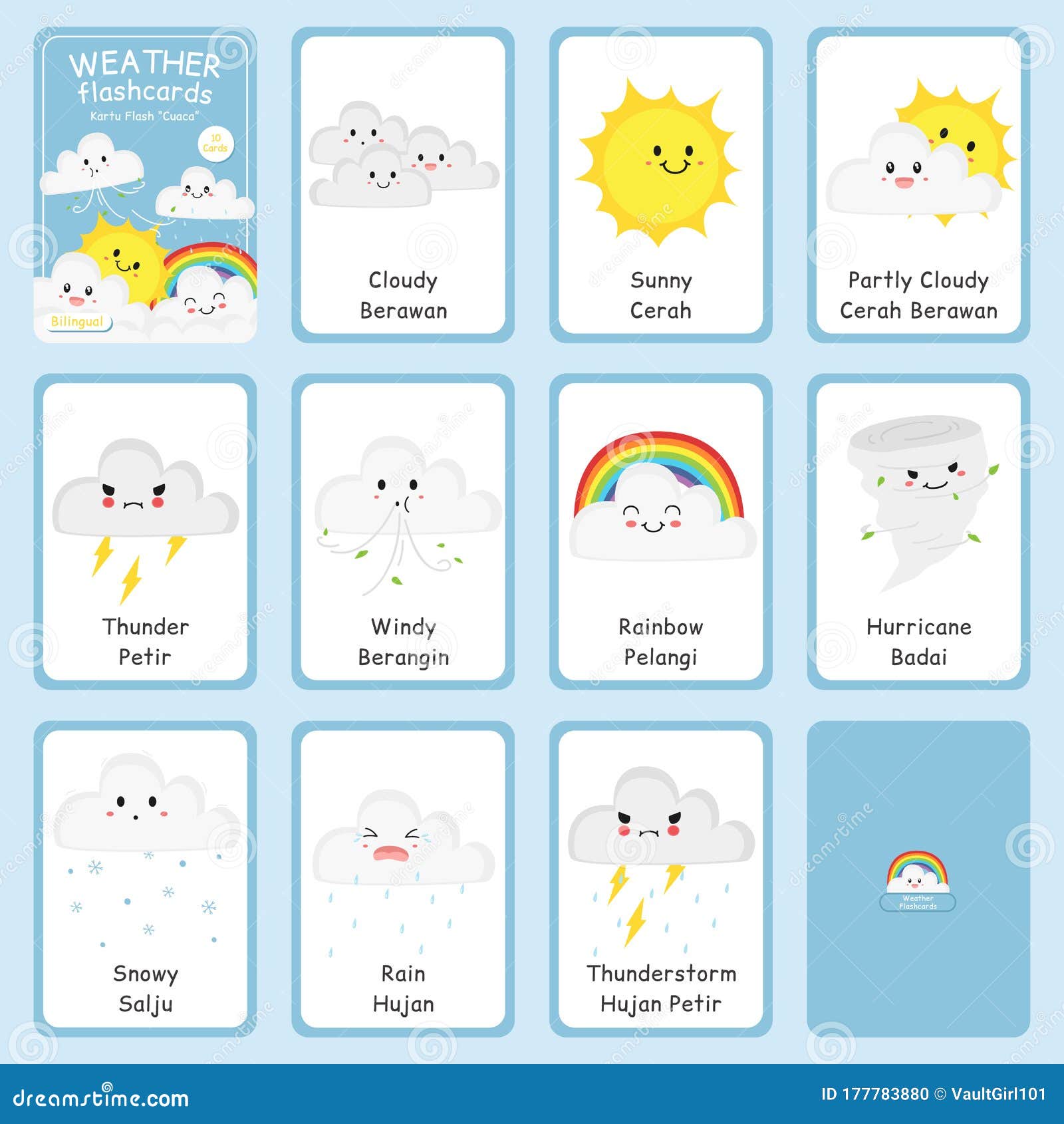 Bilingual Weather Flashcards Vector Set Stock Vector - Illustration of icon, children: 177783880