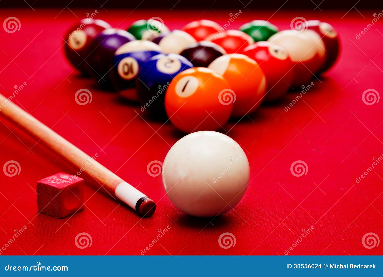 billards pool game. cue ball, cue color balls in triangle, chalk