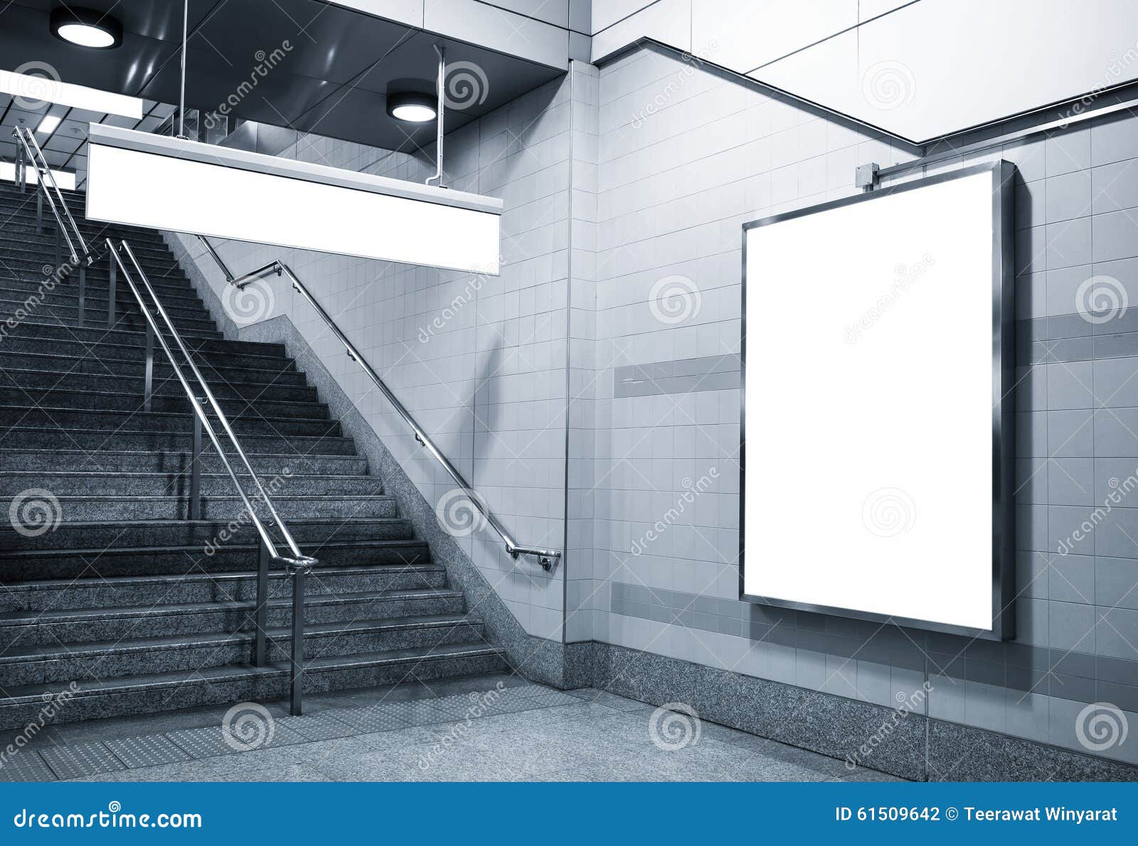 billboard and direction signage mock up in subway with stairs