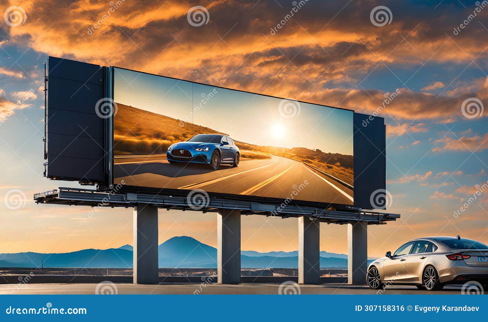 billboard standing tall beside a bustling highway under a moody sunset sky