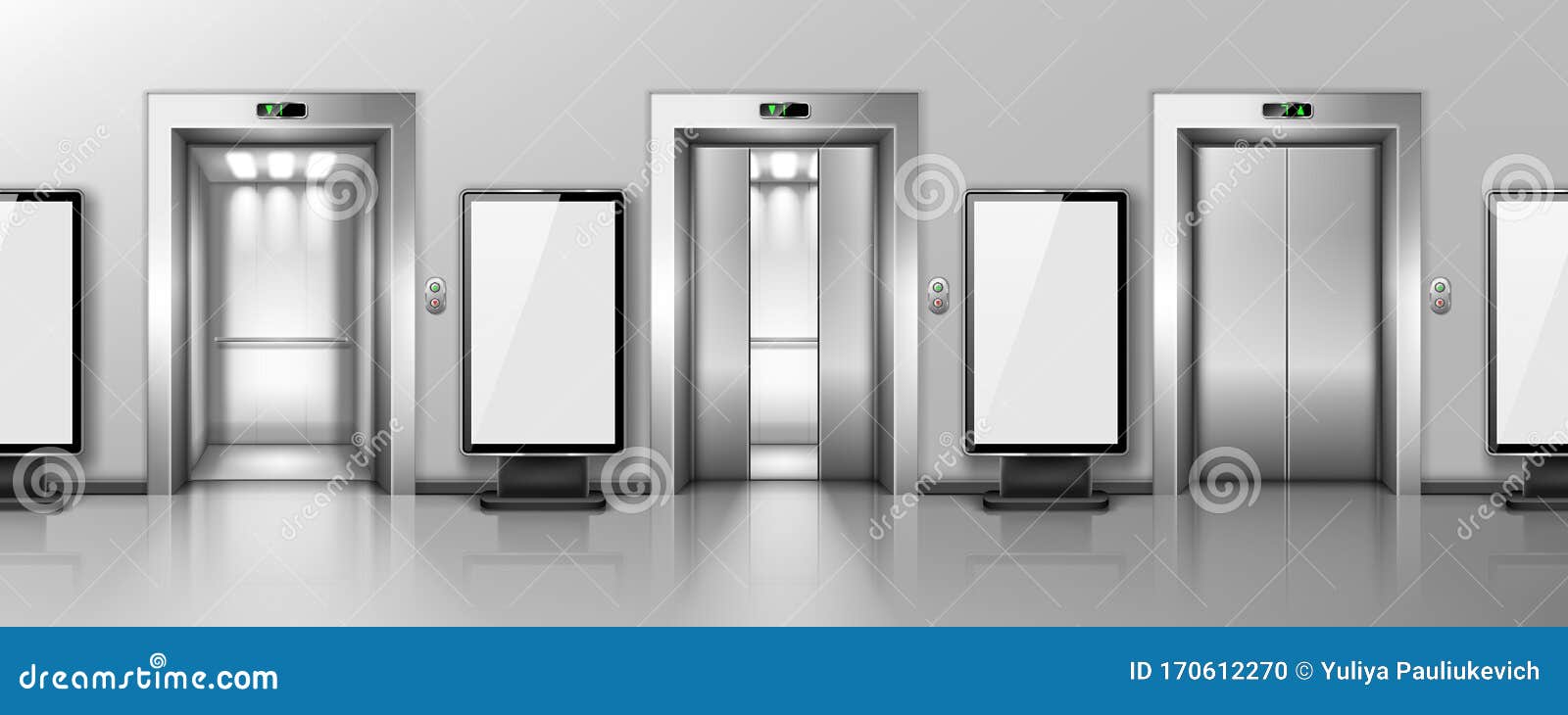 Billboards and Elevator Doors in Office Hallway Stock Vector