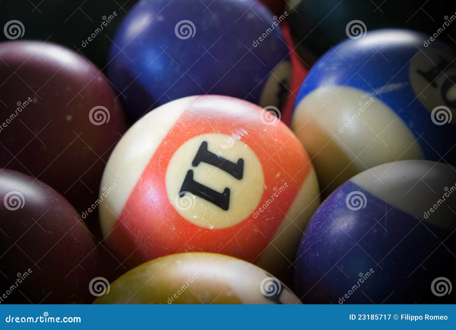 Billiard Balls In A Black Billiard Pool Table, Focused On 9 Ball Stock