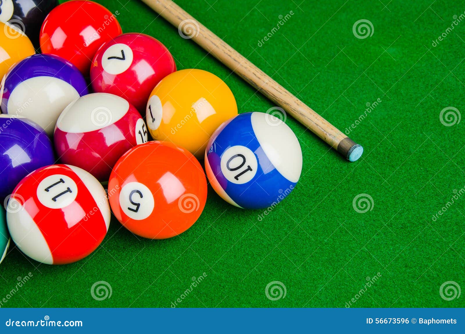 Billiard Balls on Green Table with Billiard Cue, Snooker, Stock Photo