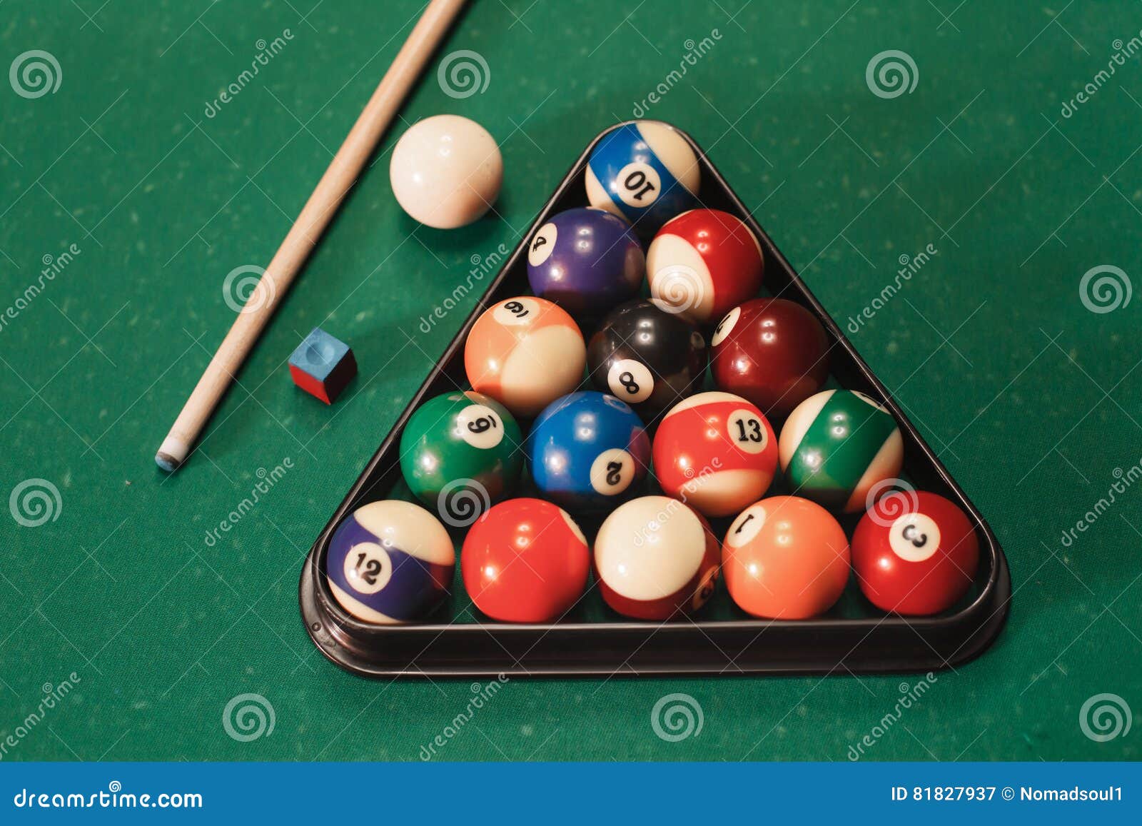 Billiard Balls Near by Cue and Chalk. Stock Image Image of green