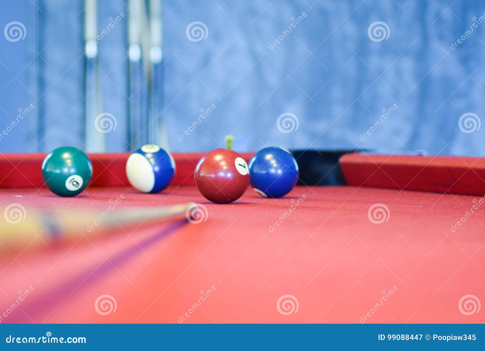 Billiard Balls on a Red Pool Table Stock Image Image of background