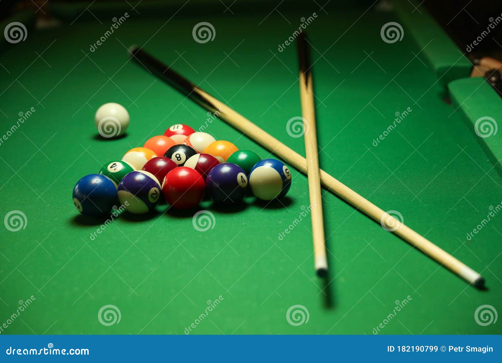 Billiard Cues and Pyramid of Multicolored Pool Balls Stock Image Image of billiard, table