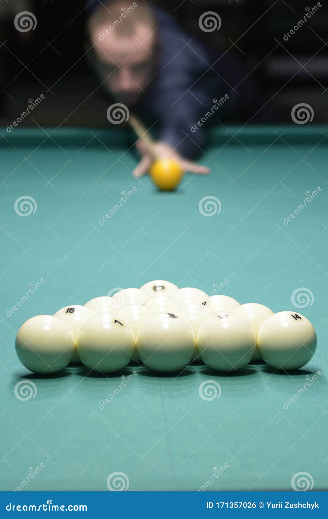 Billiard Player Arm Breaking the Pyramid by Striking the Ball with Cue Stick Stock Photo Image