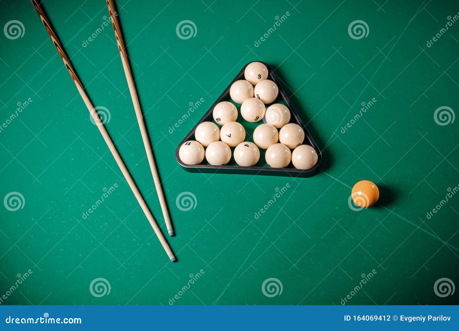 Billiard Russian Green Wood Table And Cue With White Balls RoyaltyFree
