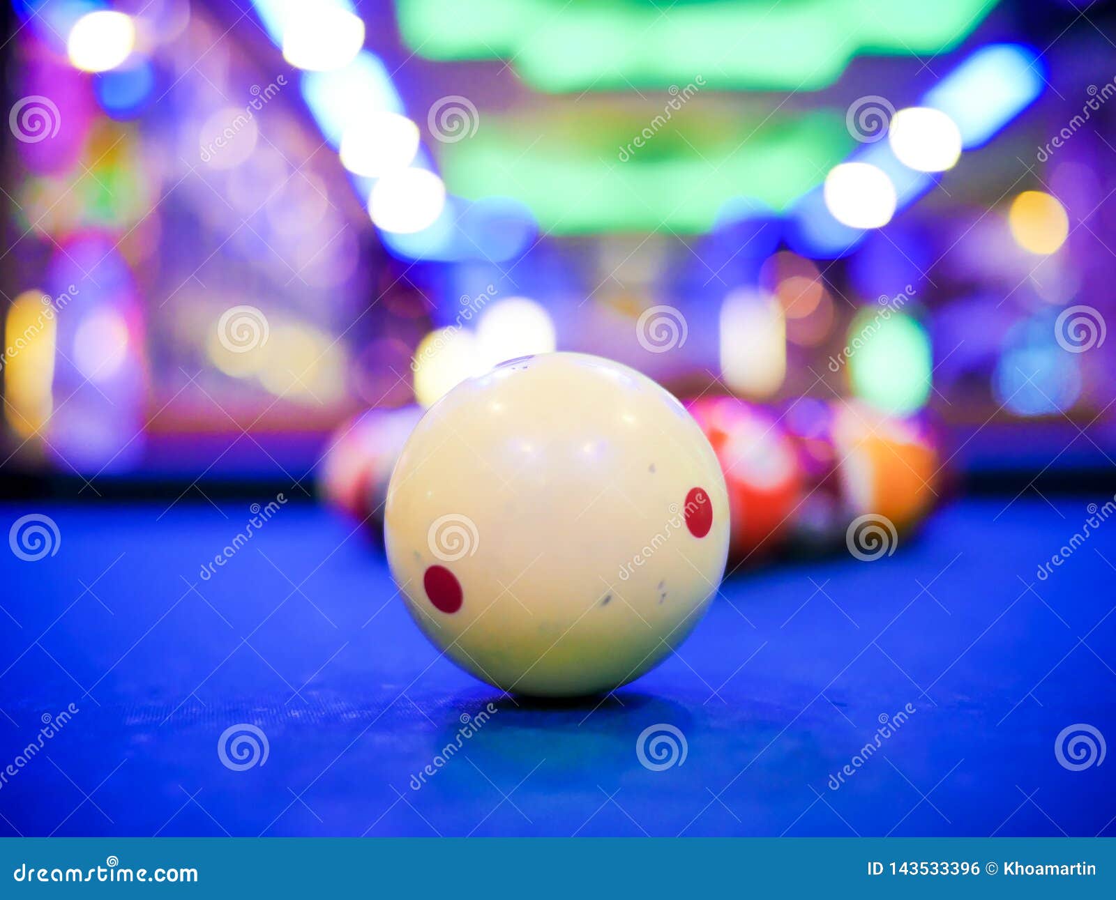 Billiard Snooker White Ball Number Close Up on Pool Blue Table Stock