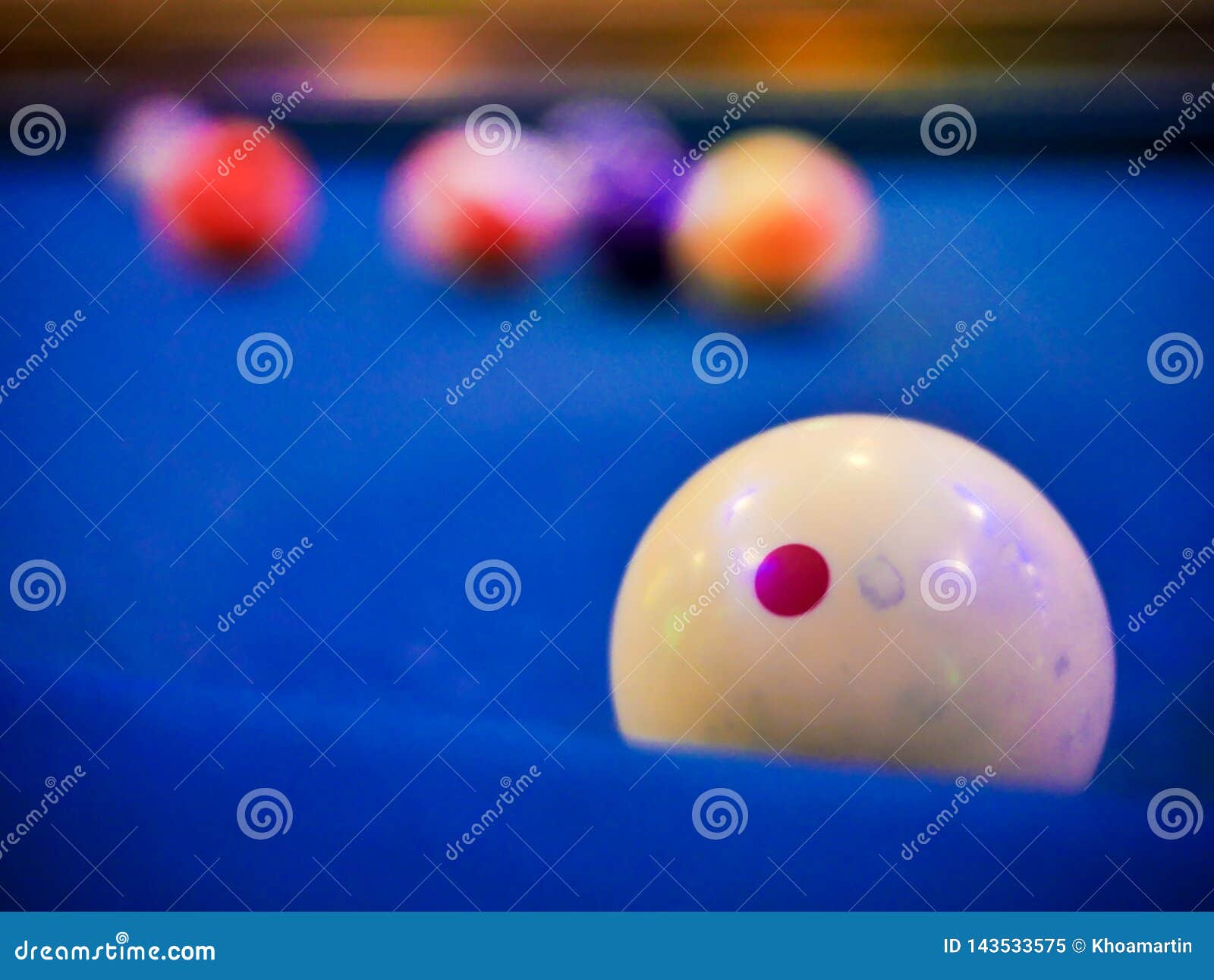 Billiard Snooker White Ball Number Close Up on Pool Blue Table Stock
