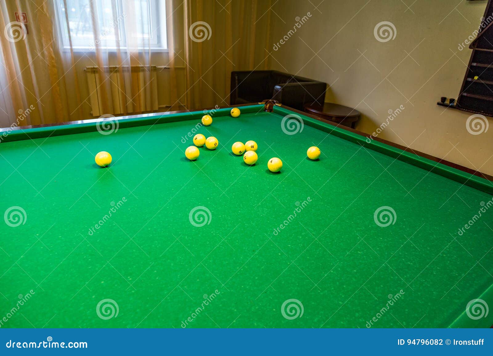 Billiard table and balls stock photo. Image of modern 94796082