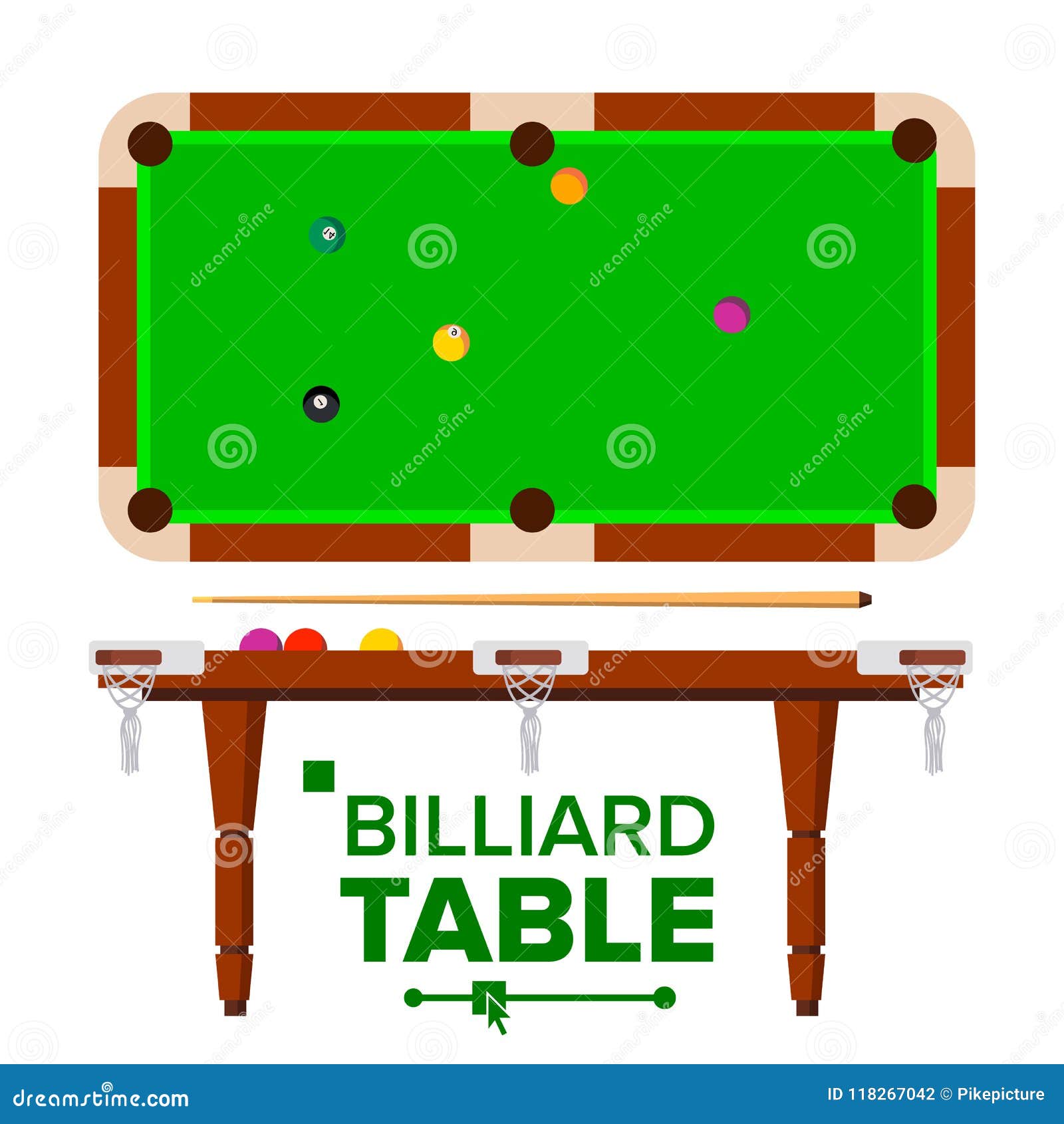 billiard table . top, side view. green classic pool, snooker table.  flat 