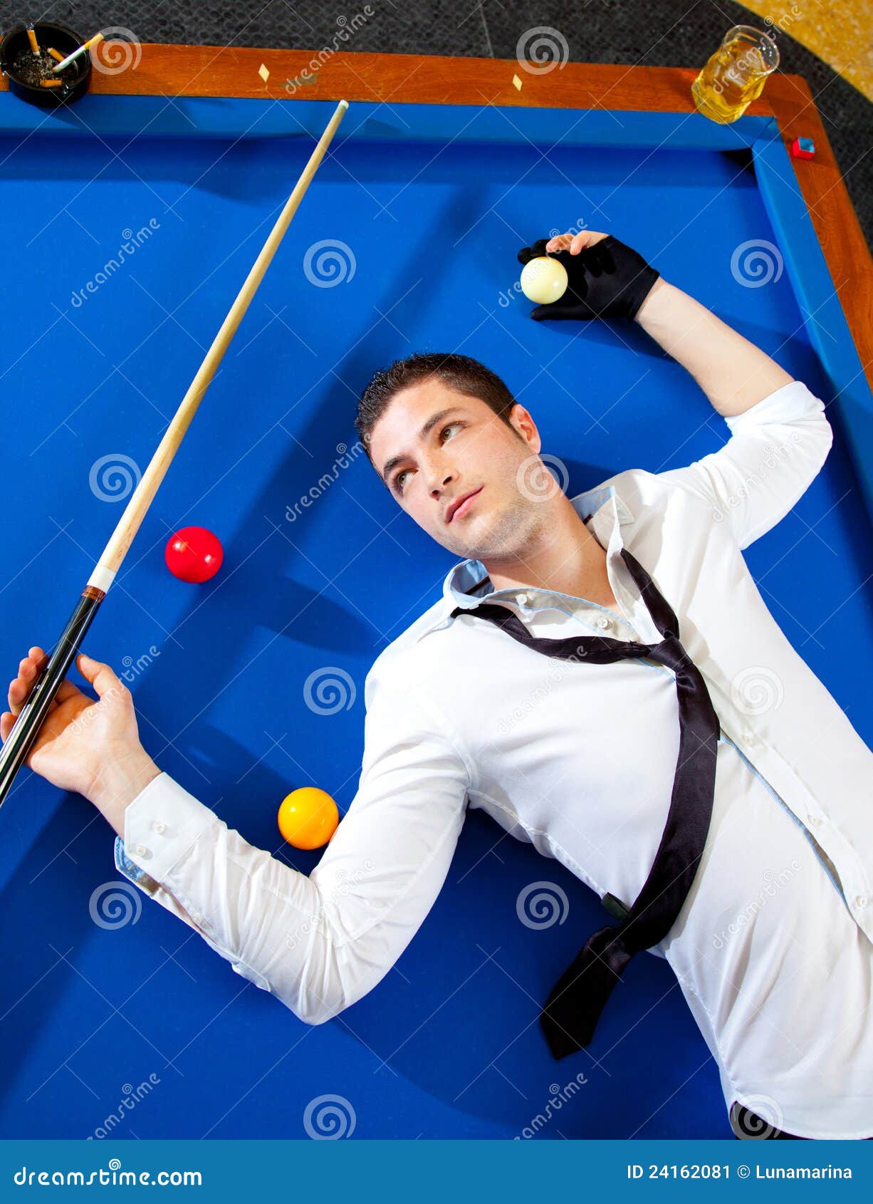 Billiard Young Man Player Lying on Pool Blue Table Stock Image Image