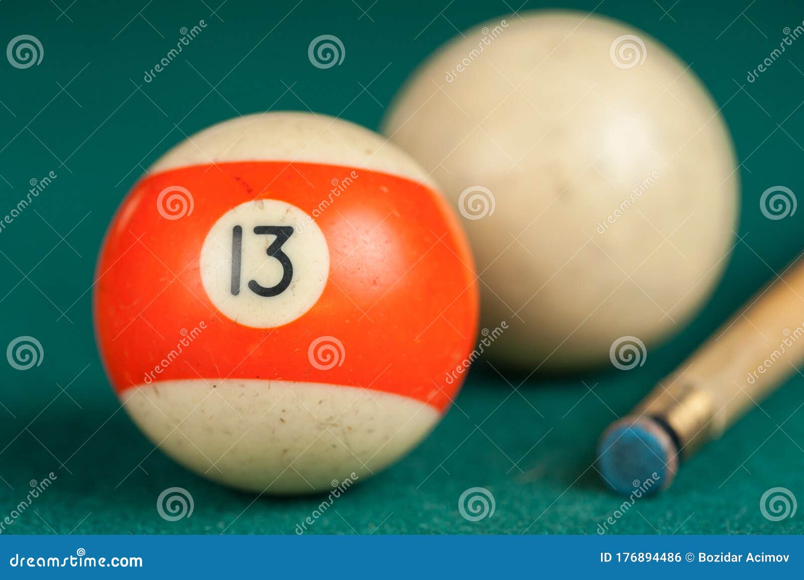 Billiards Balls and Cue on Billiards Table. Billiard Sport Concept