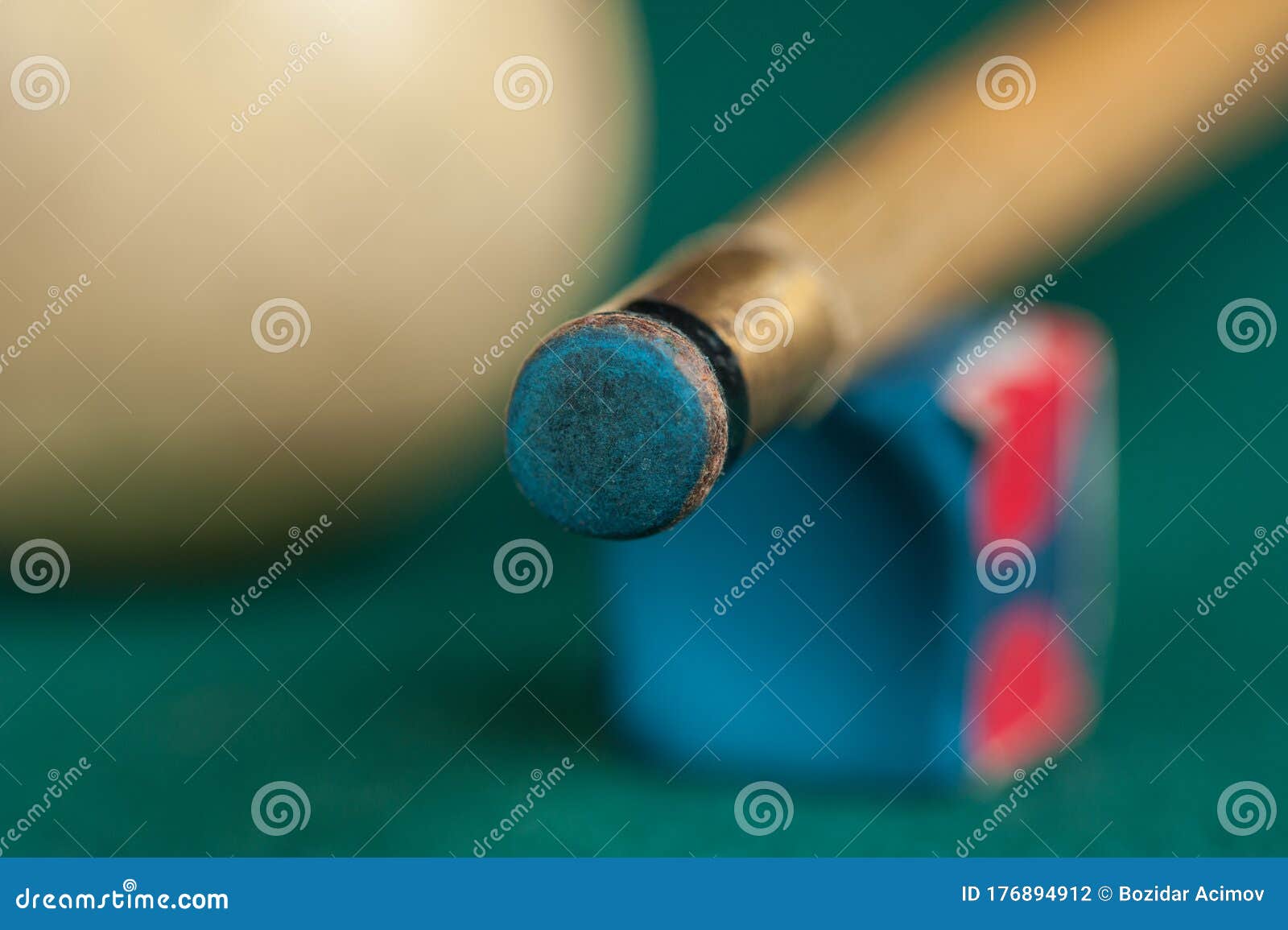 Billiards Balls and Cue on Billiards Table. Billiard Sport Concept