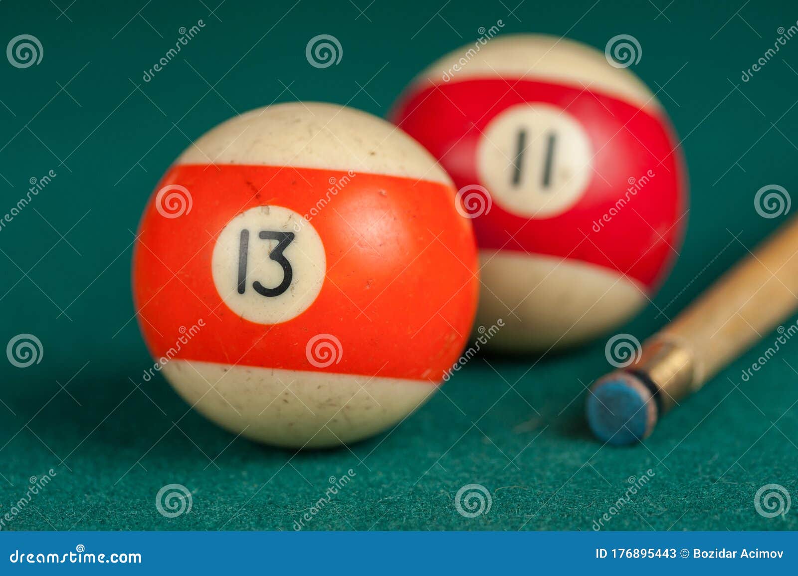 Billiards Balls and Cue on Billiards Table. Billiard Sport Concept