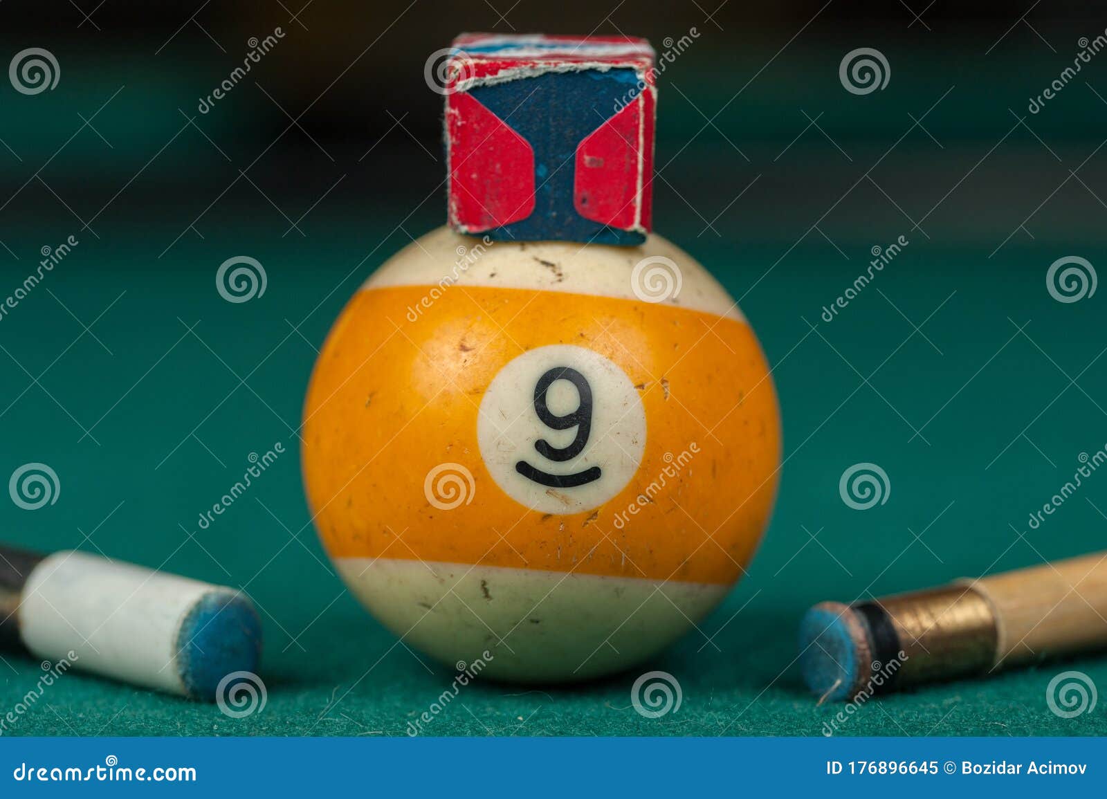 Billiards Balls and Cue on Billiards Table. Billiard Sport Concept