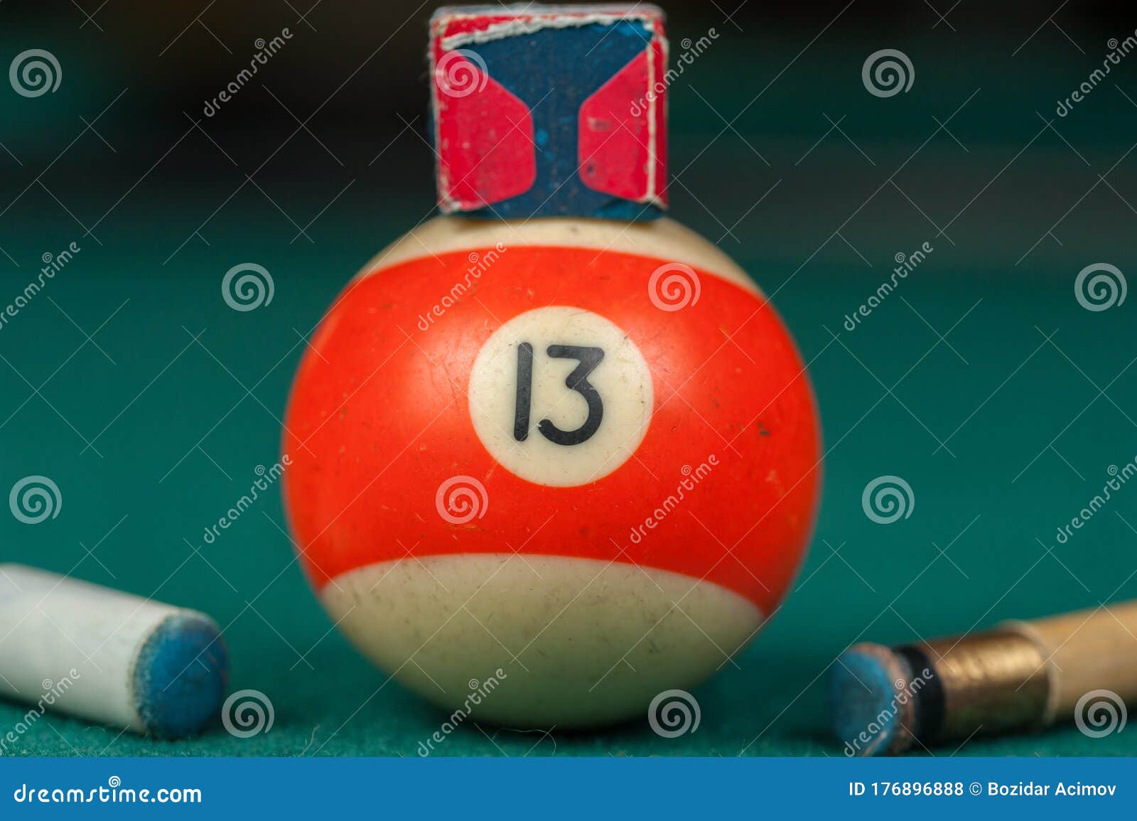 Billiards Balls and Cue on Billiards Table. Billiard Sport Concept