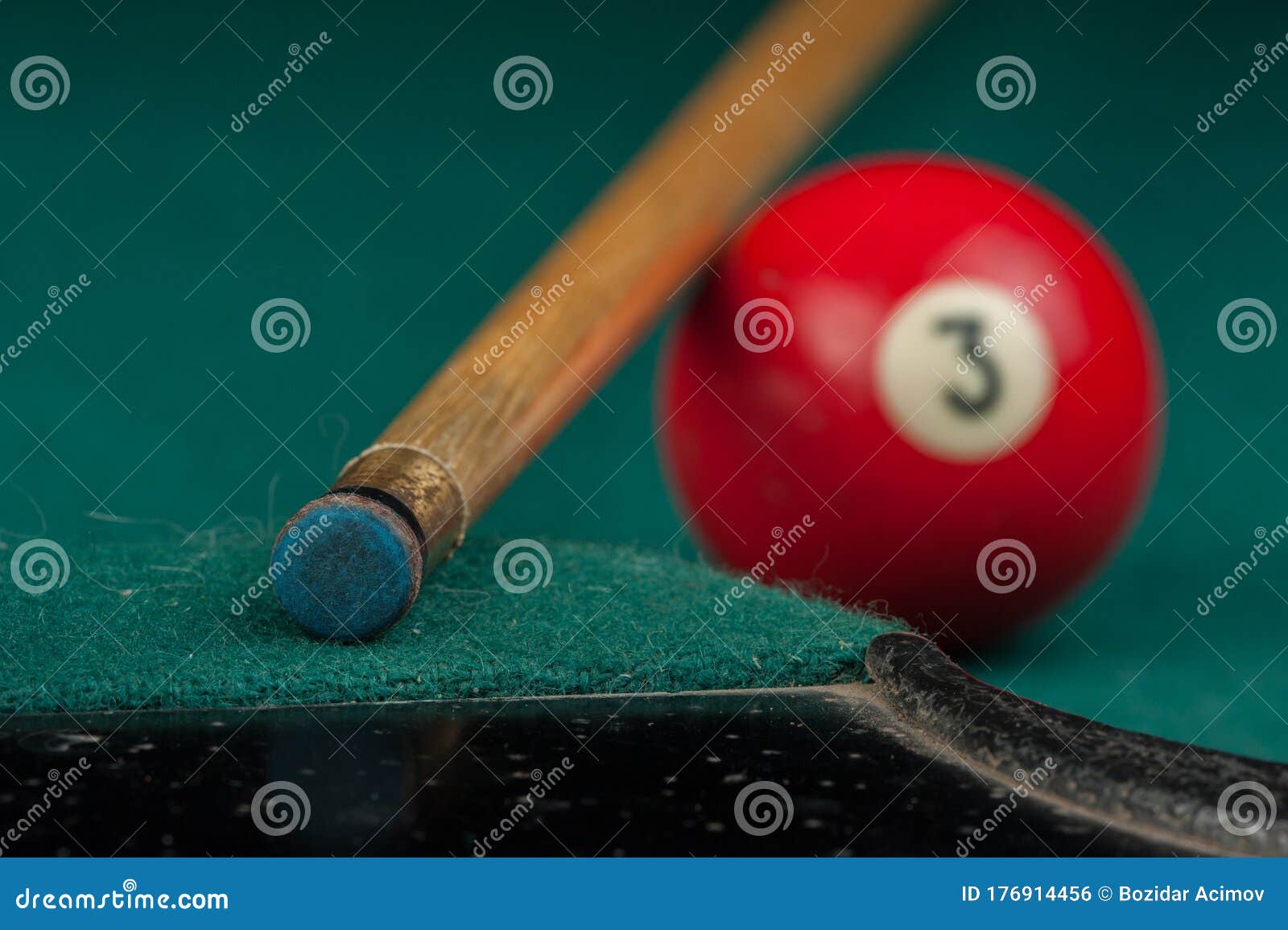 Billiards Balls and Cue on Billiards Table. Billiard Sport Concept