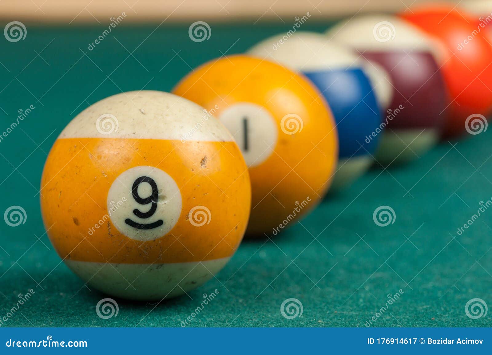Billiards Balls and Cue on Billiards Table. Billiard Sport Concept