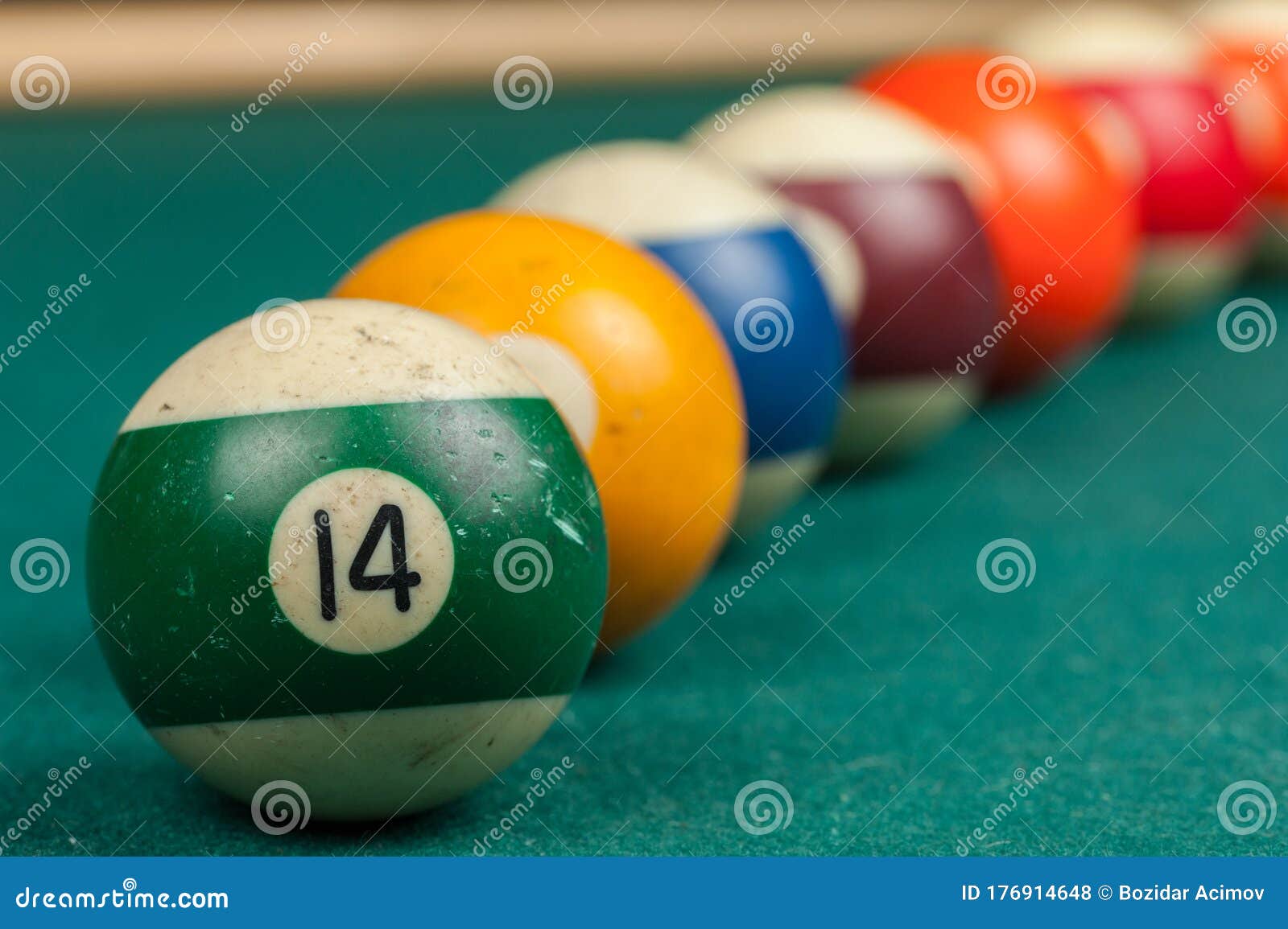 Billiards Balls and Cue on Billiards Table. Billiard Sport Concept