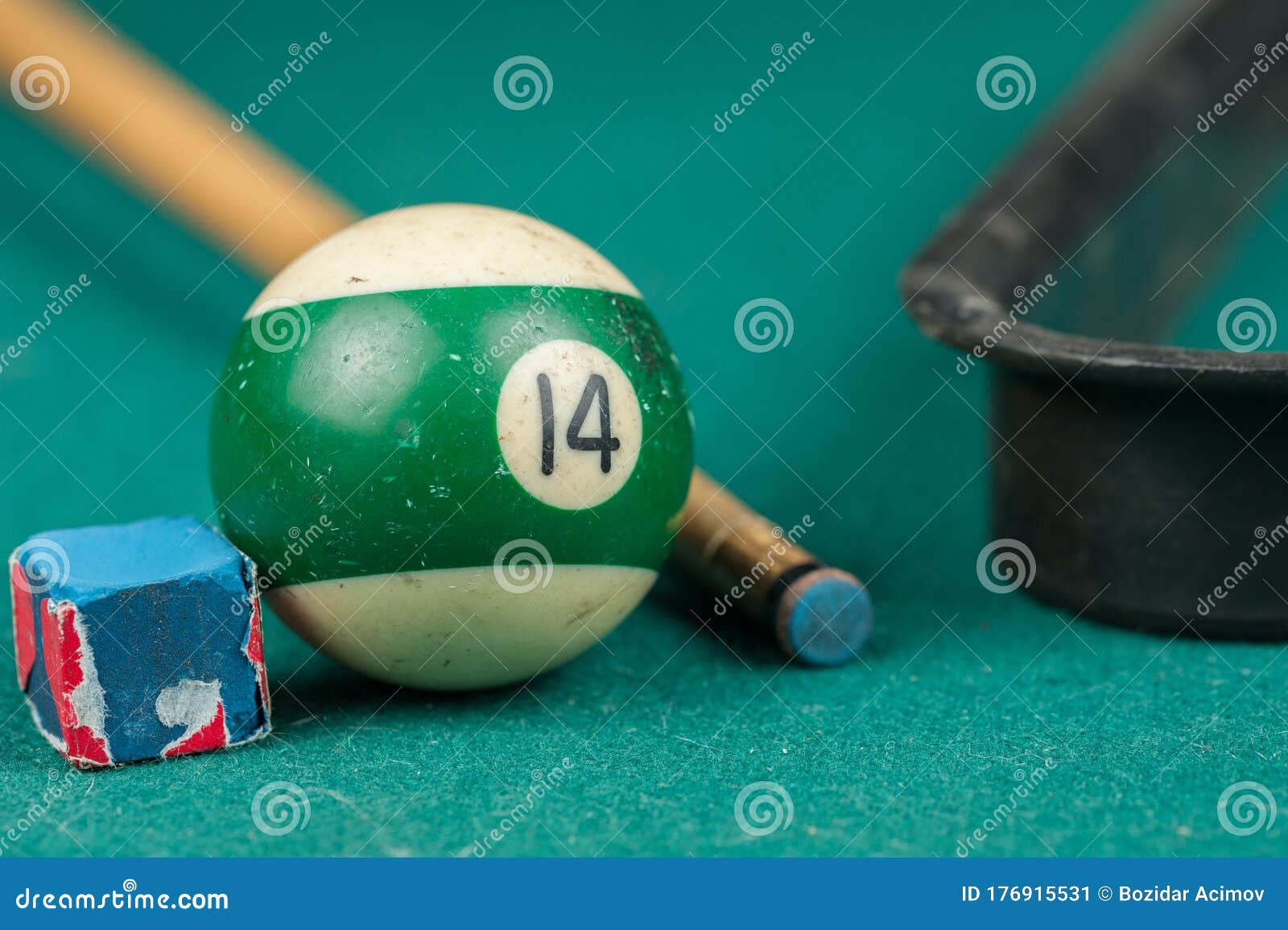 Billiards Balls and Cue on Billiards Table. Billiard Sport Concept