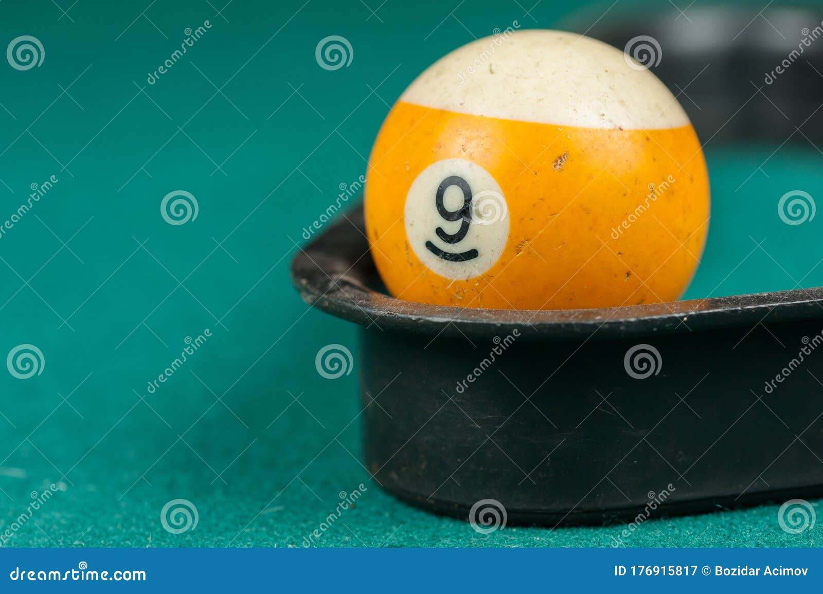 Billiards Balls and Cue on Billiards Table. Billiard Sport Concept