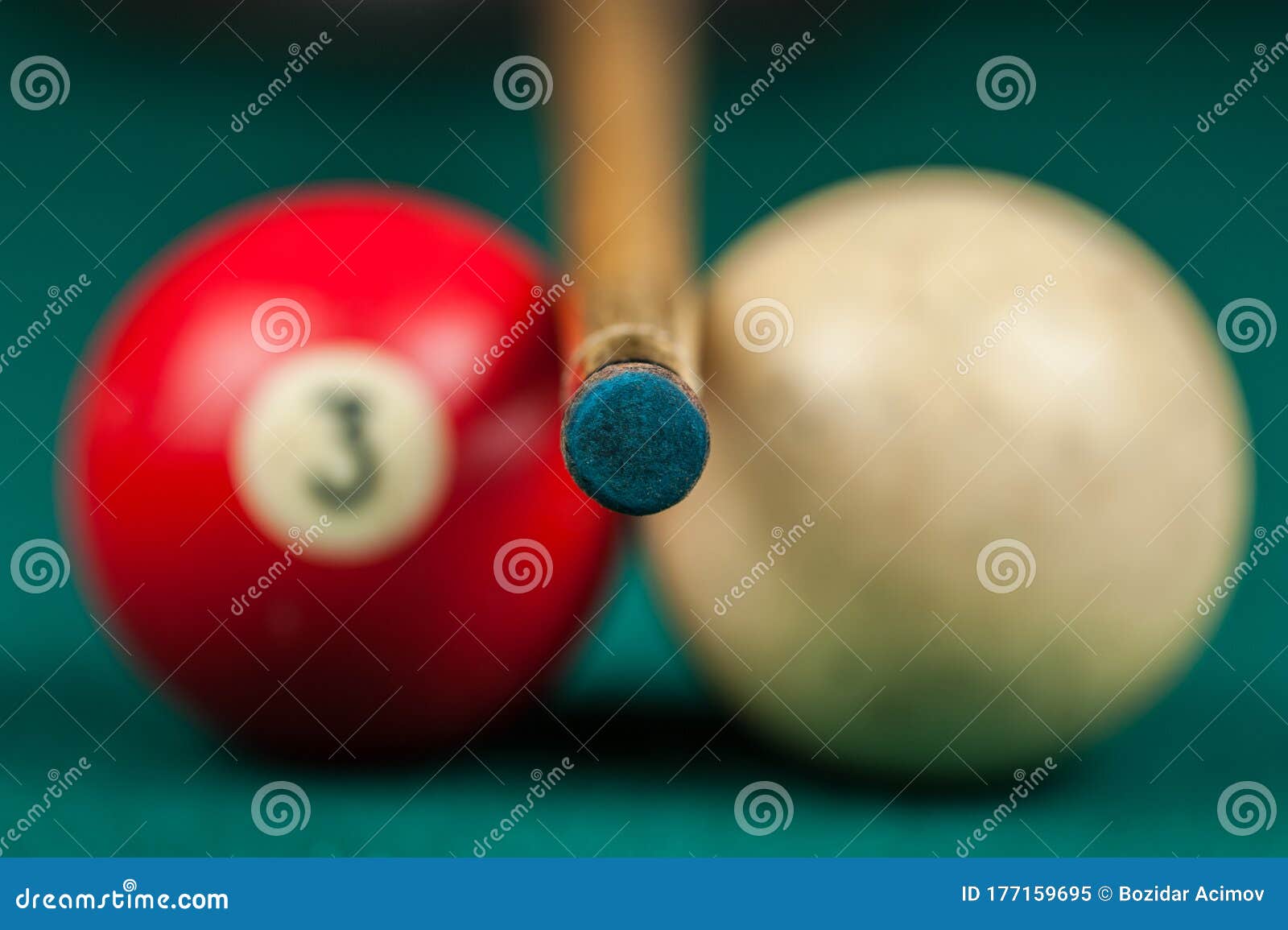 Billiards Balls and Cue on Billiards Table. Billiard Sport Concept