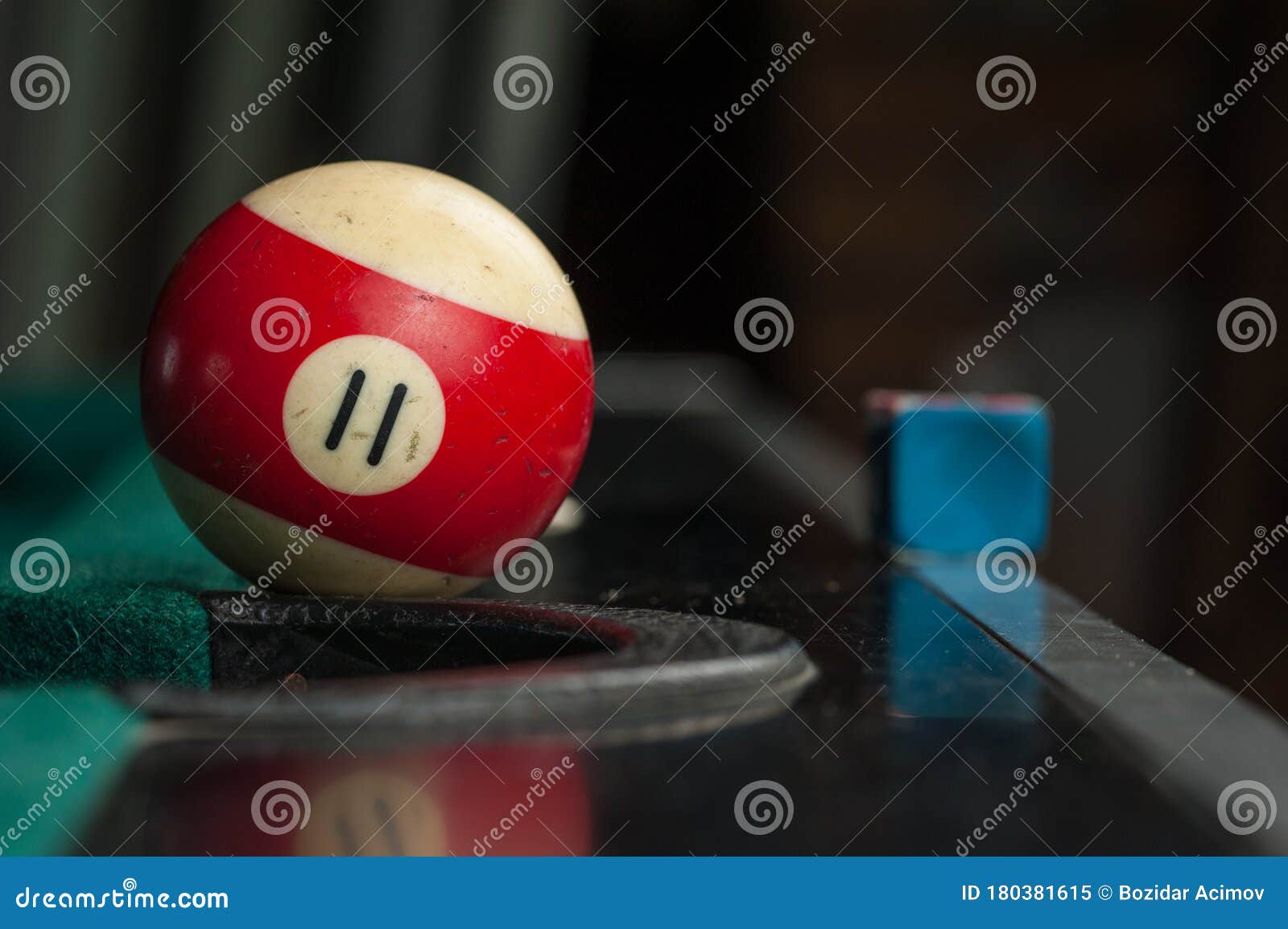 Billiards Balls and Cue on Billiards Table. Billiard Sport Concept