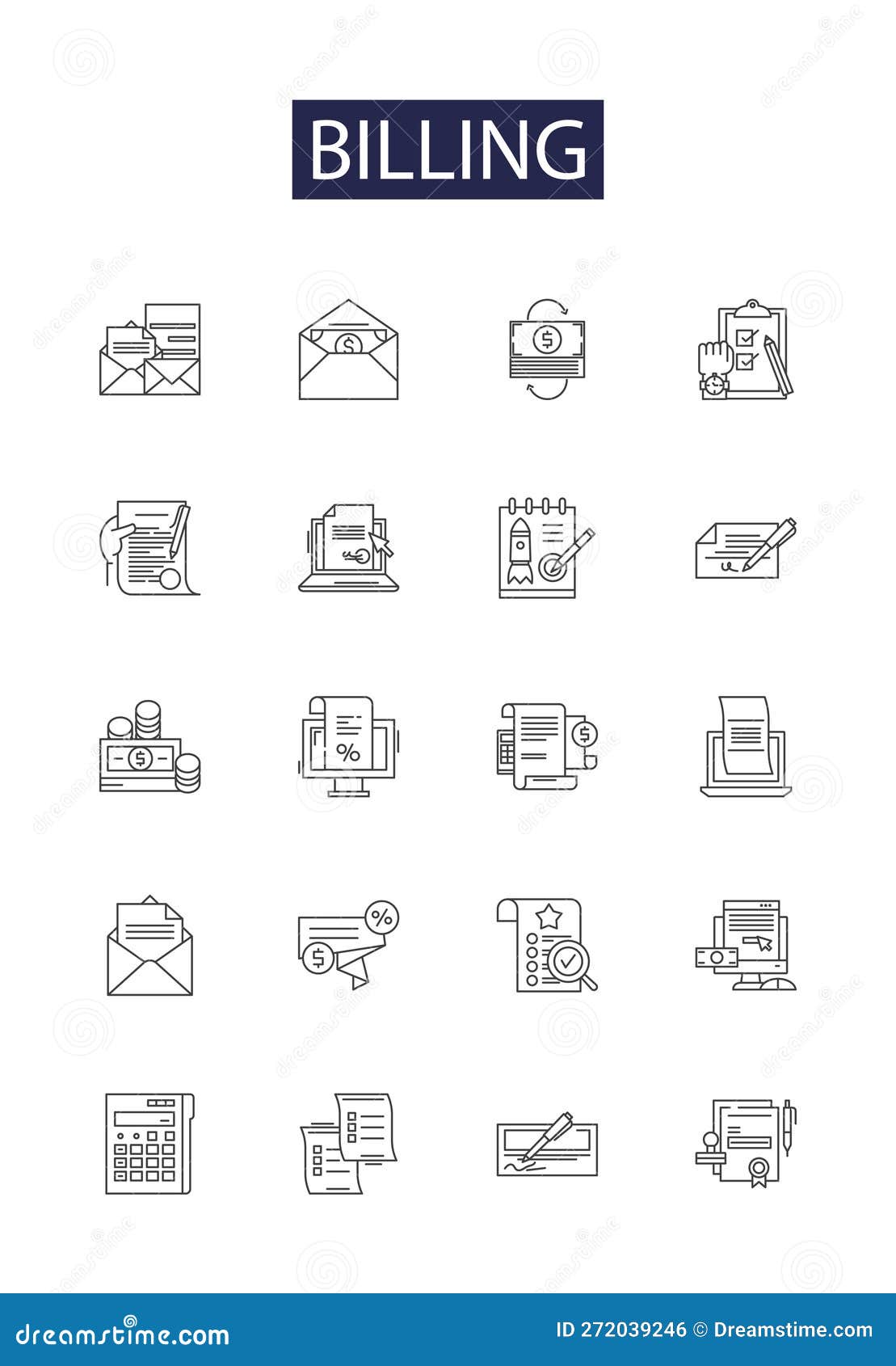 billing line  icons and signs. payments, remittance, receivables, payables, refunds, outstanding, subscription