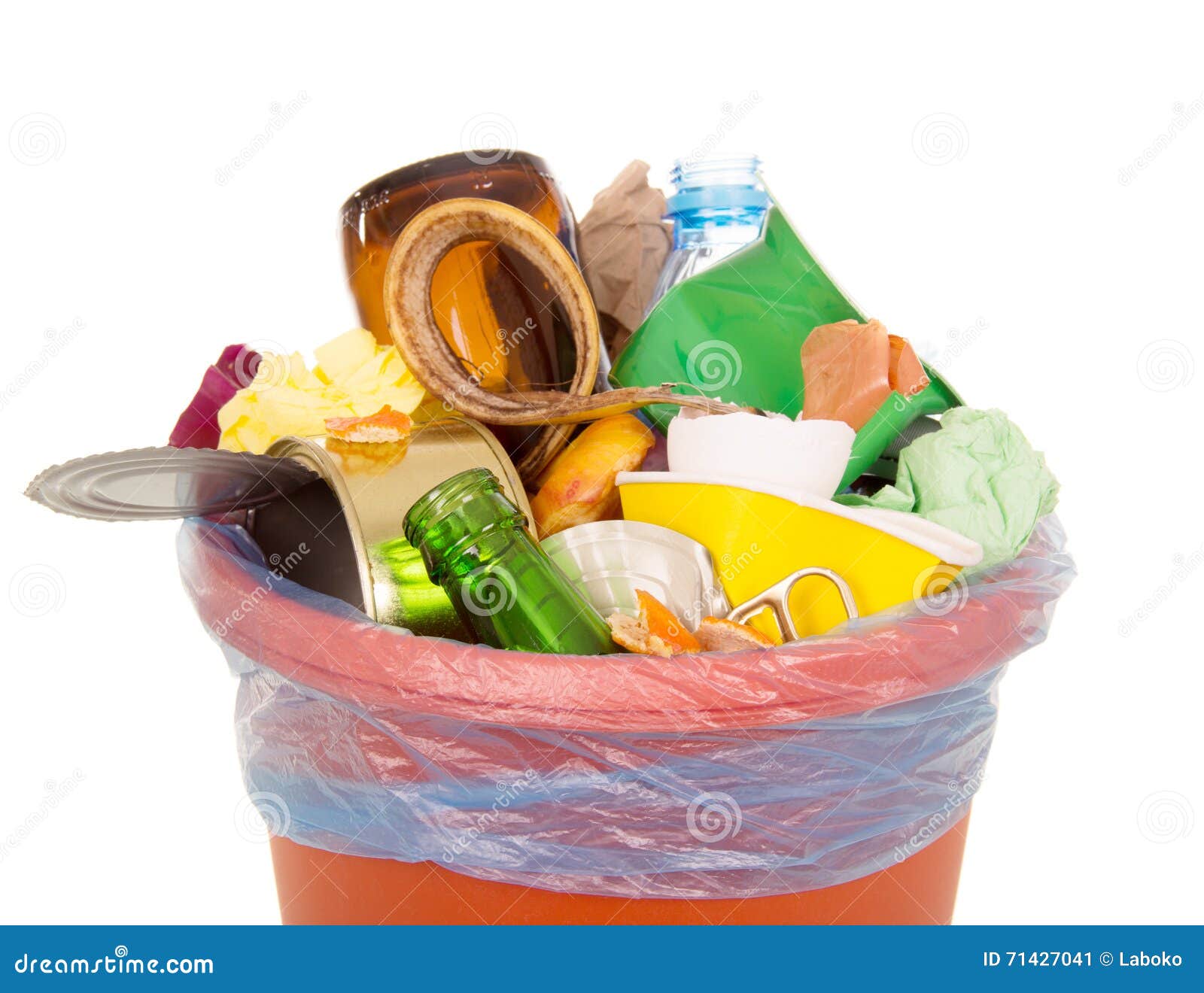 Bin Completely Filled with Household Waste Isolated on White Stock