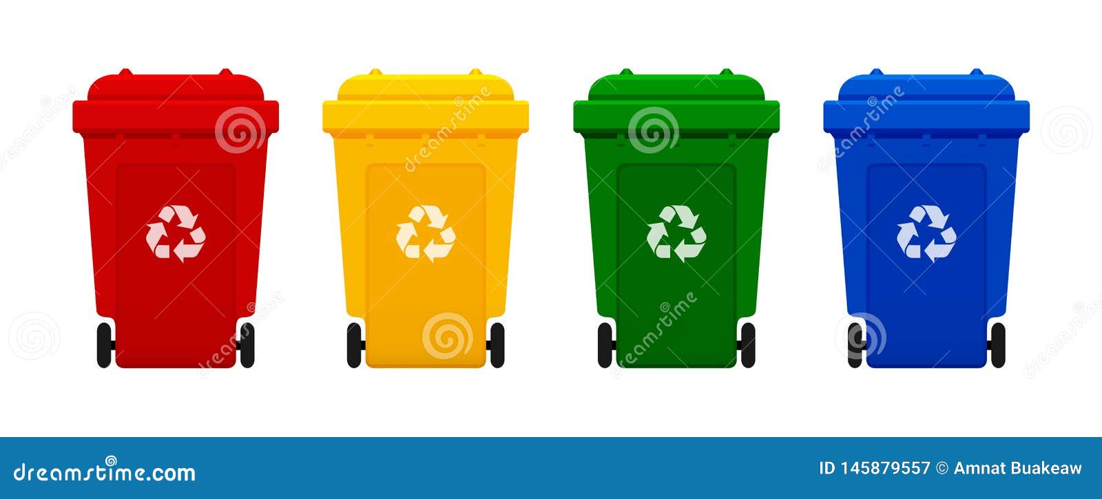 bin plastic, four colorful recycle bins  on white background, red, yellow, green and blue bins with recycle waste 