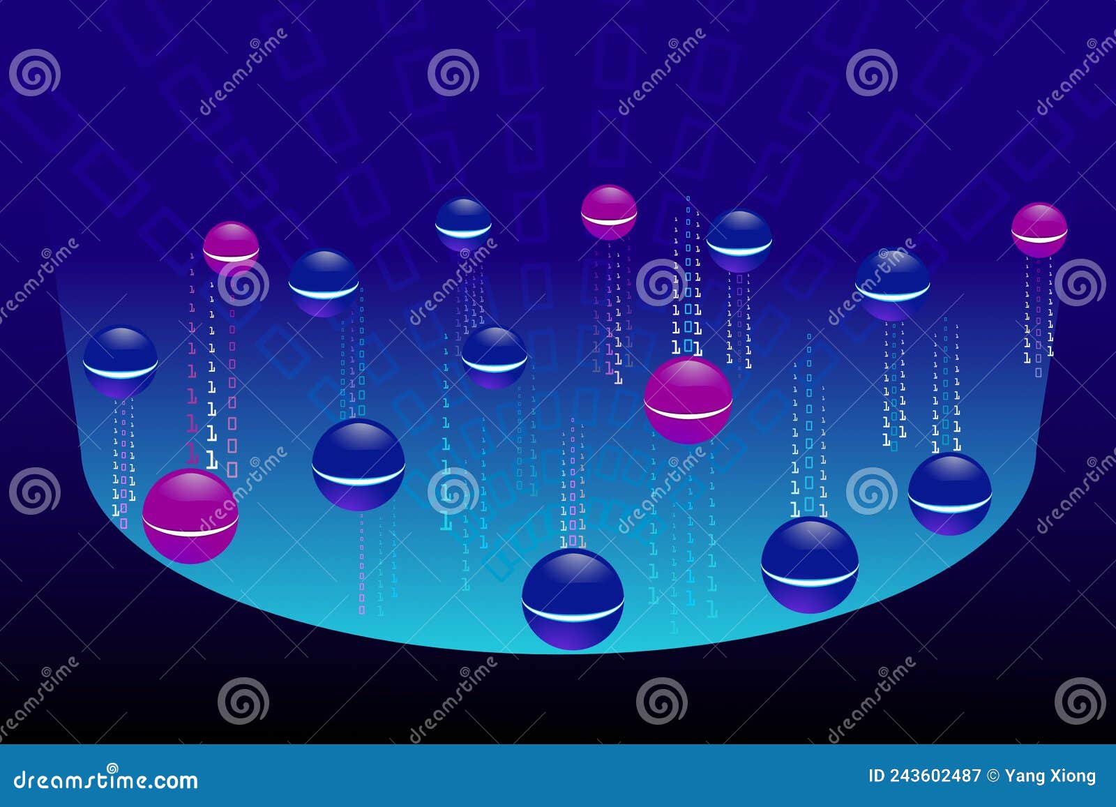 binary code with blue background. big data background with colorful bobbles.