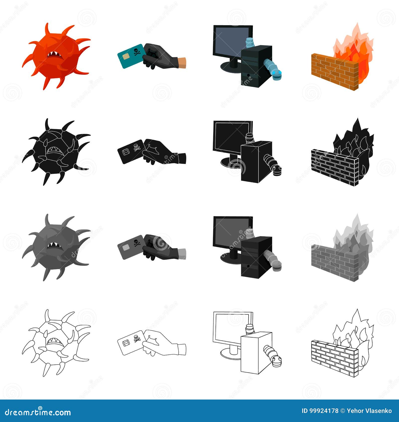 Binnendringende in een beveiligd computersysteem creditcards, wormen in een computersysteem, een gevaarlijk virus, Firewall Hakker en het binnendringen in een beveiligd computersysteem vastgestelde inzamelingspictogrammen in van het de stijl vectorsymbool van het beeldverhaal zwarte zwart-wit overzicht de voorraadillustratie