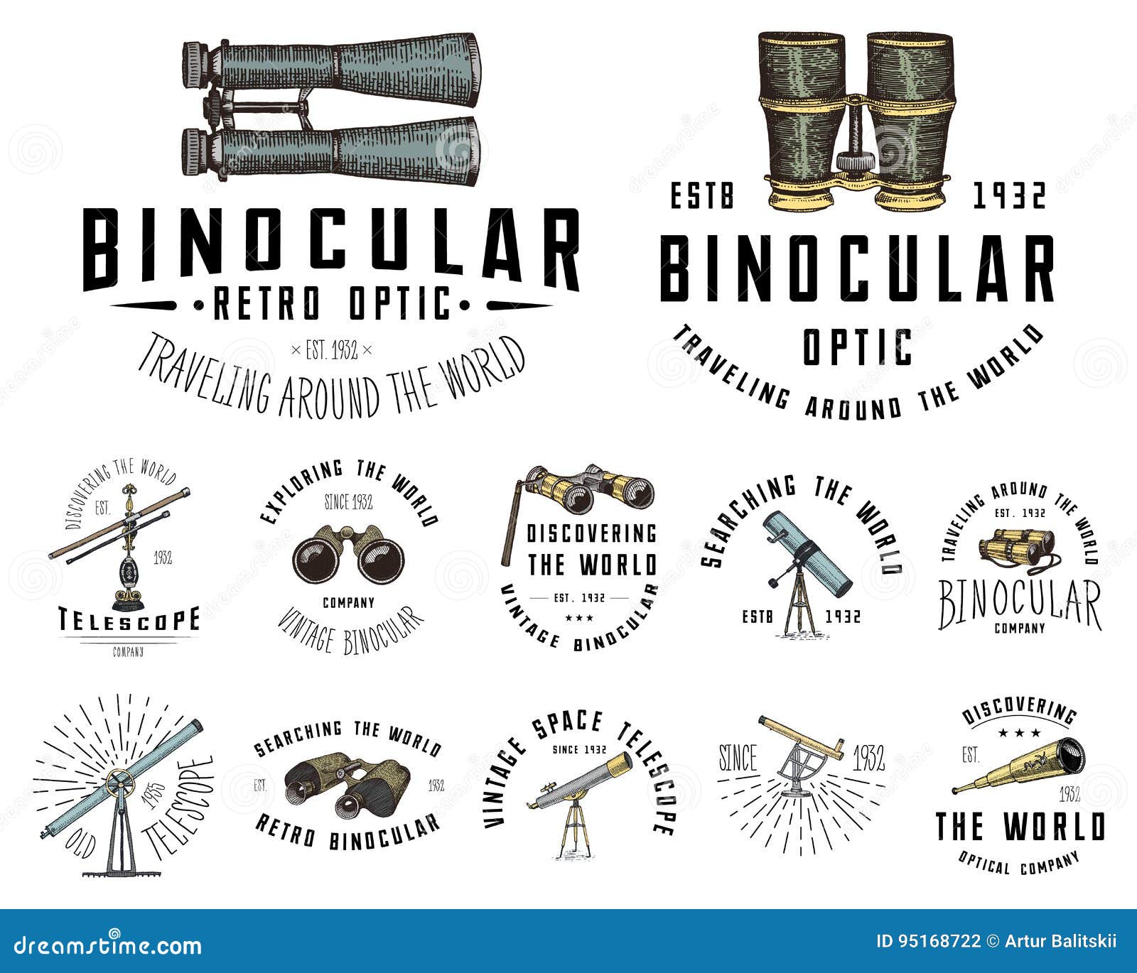 binocular logo emblem or label astronomical instruments, telescopes oculars and binoculars, quadrant, sextant engraved