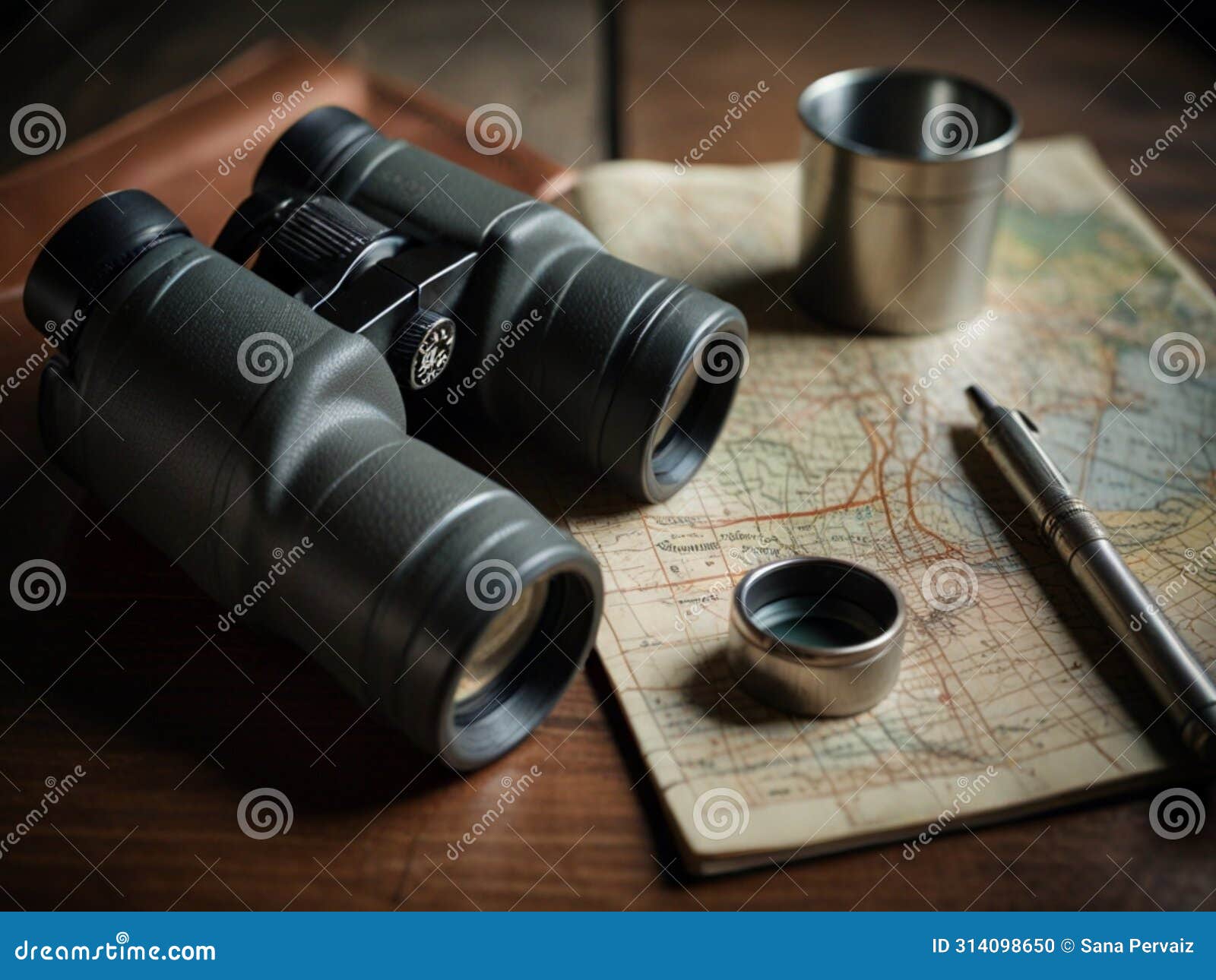 Binoculars, Camera, Map, Compass, Note Book and Hip Flask Stock