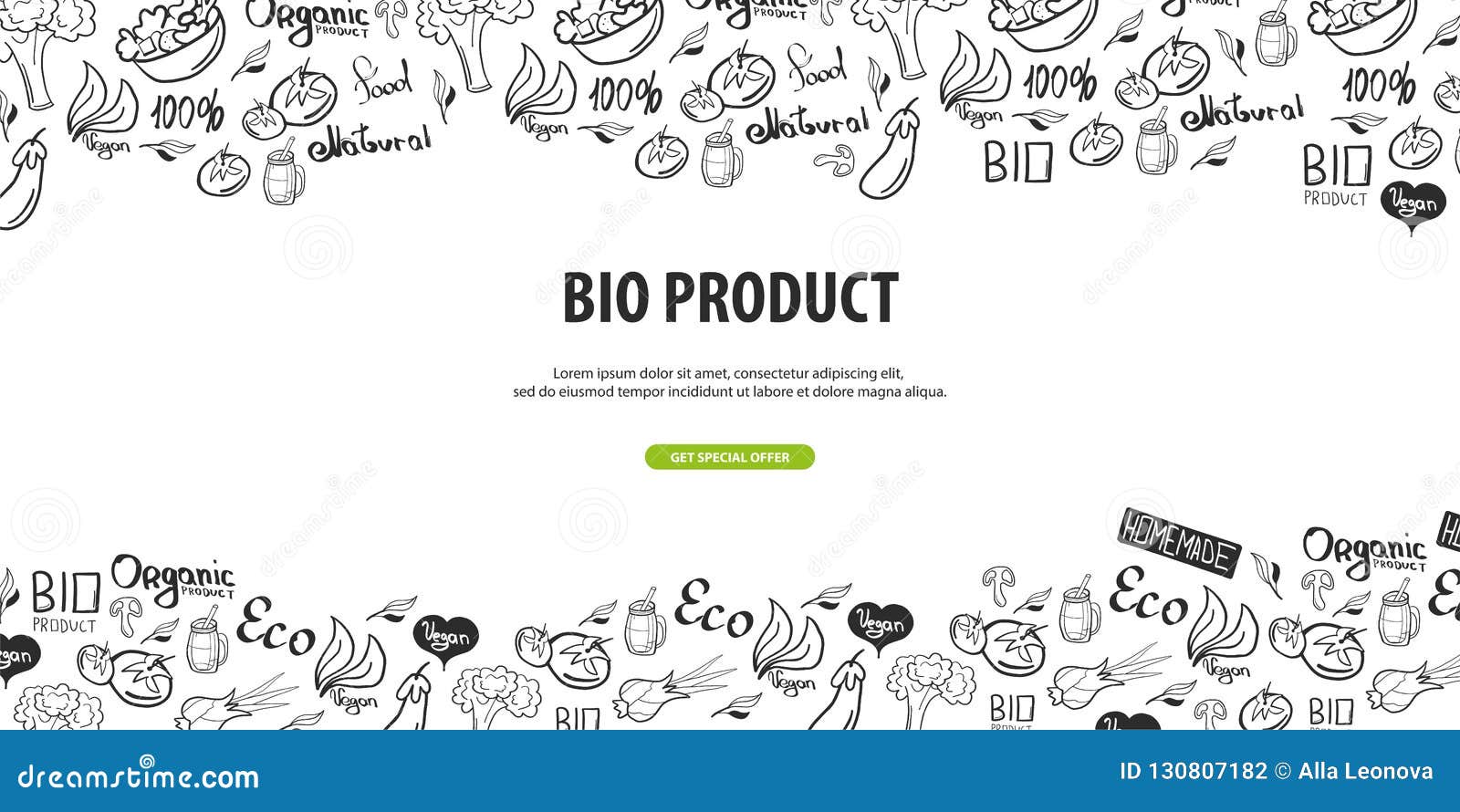 bio product. healthy food. vegetarian banner. hand-draw doodle background.  .