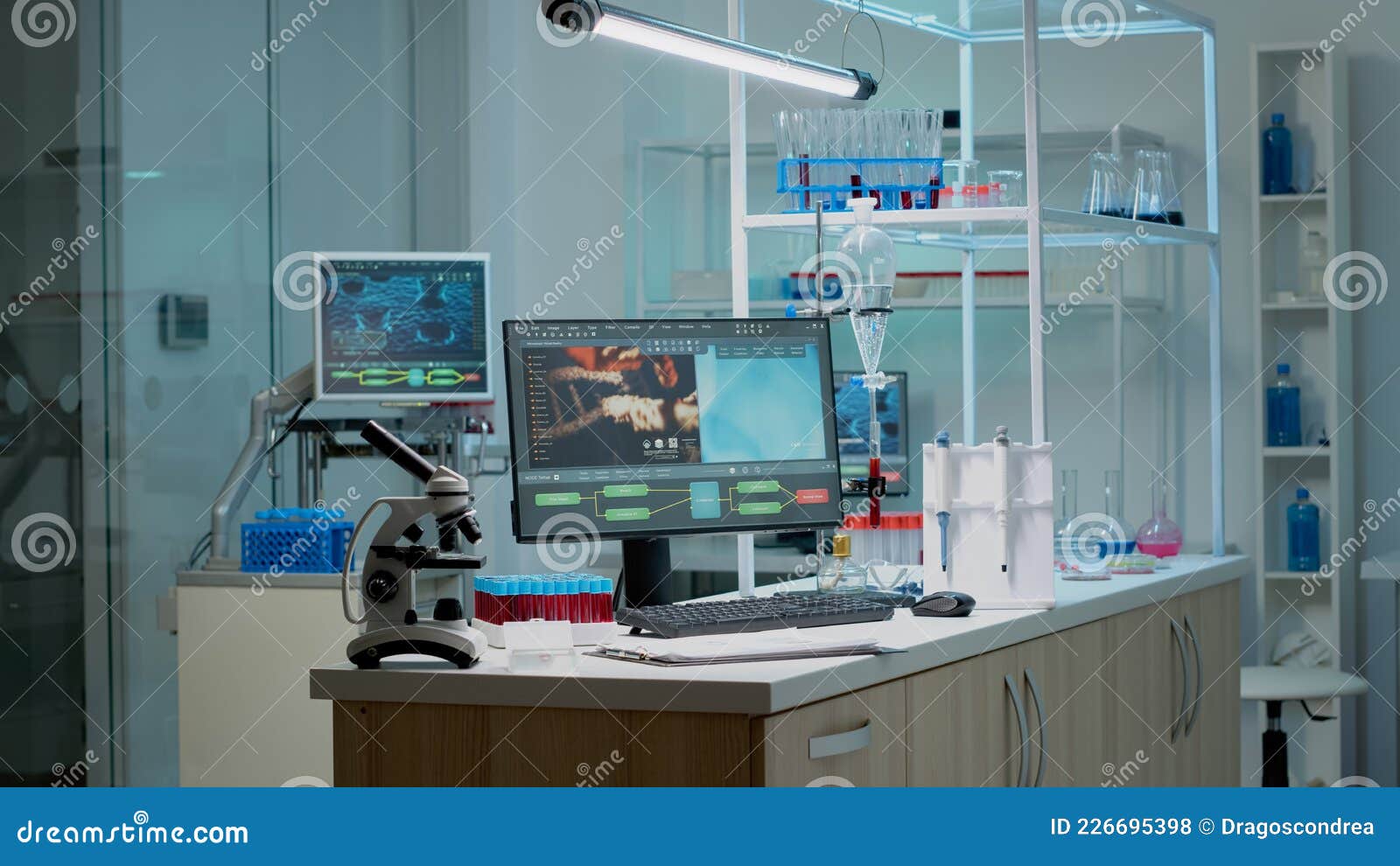 Biochemistry Desk with Scientific Computer in Laboratory Stock Photo -  Image of animation, blood: 226695398